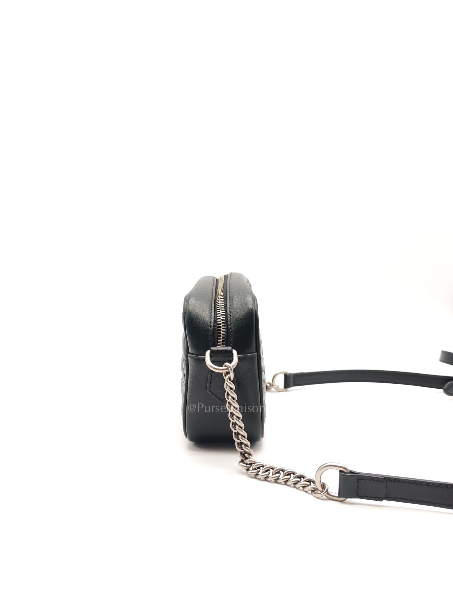 GG Marmont Mini Camera Bag in Black Quilted Matelasse Leather and Silver Hardware