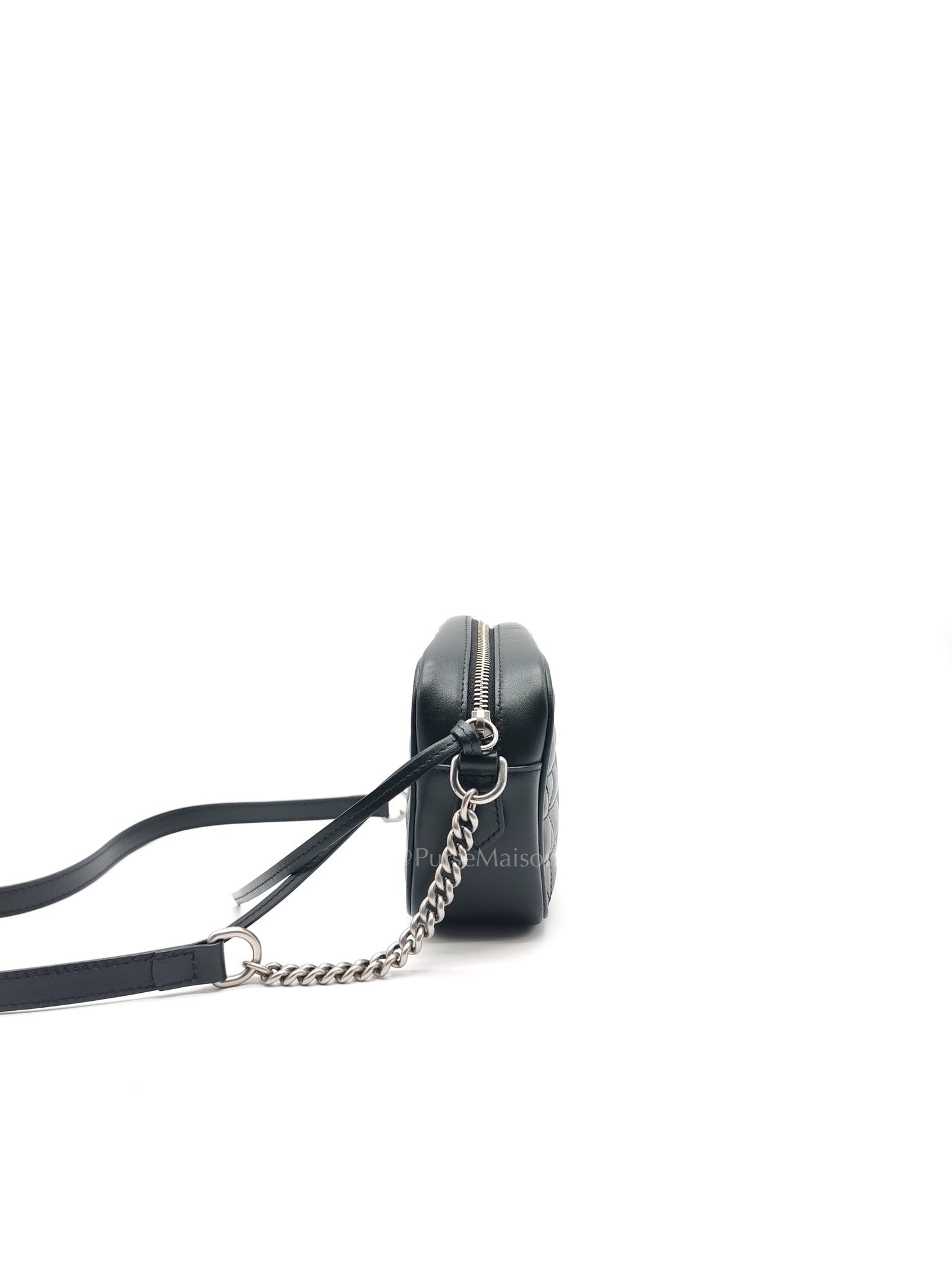GG Marmont Mini Camera Bag in Black Quilted Matelasse Leather and Silver Hardware