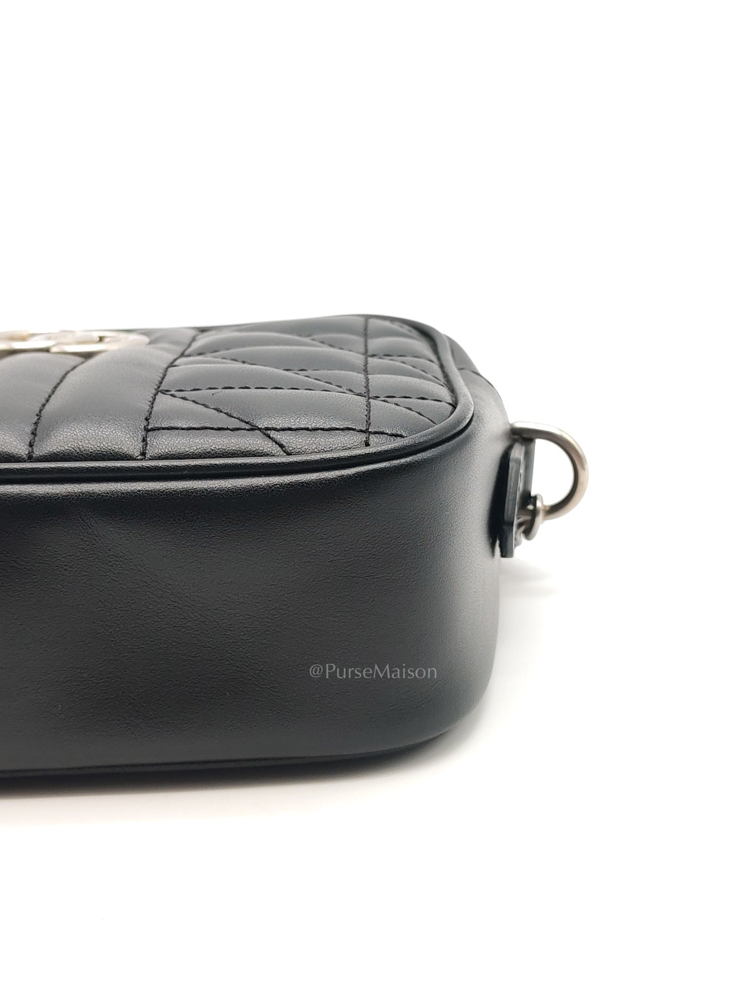 GG Marmont Mini Camera Bag in Black Quilted Matelasse Leather and Silver Hardware