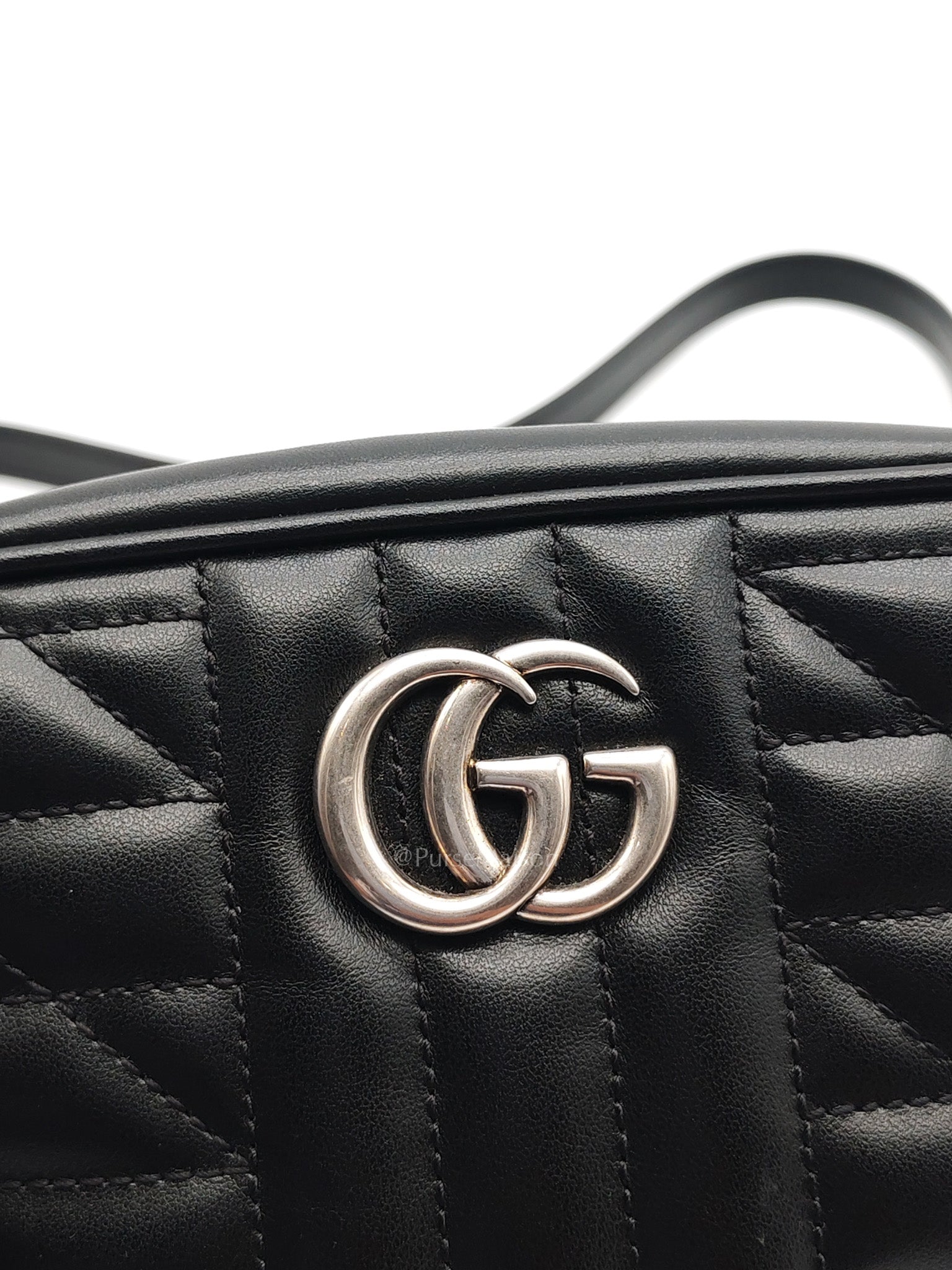GG Marmont Mini Camera Bag in Black Quilted Matelasse Leather and Silver Hardware