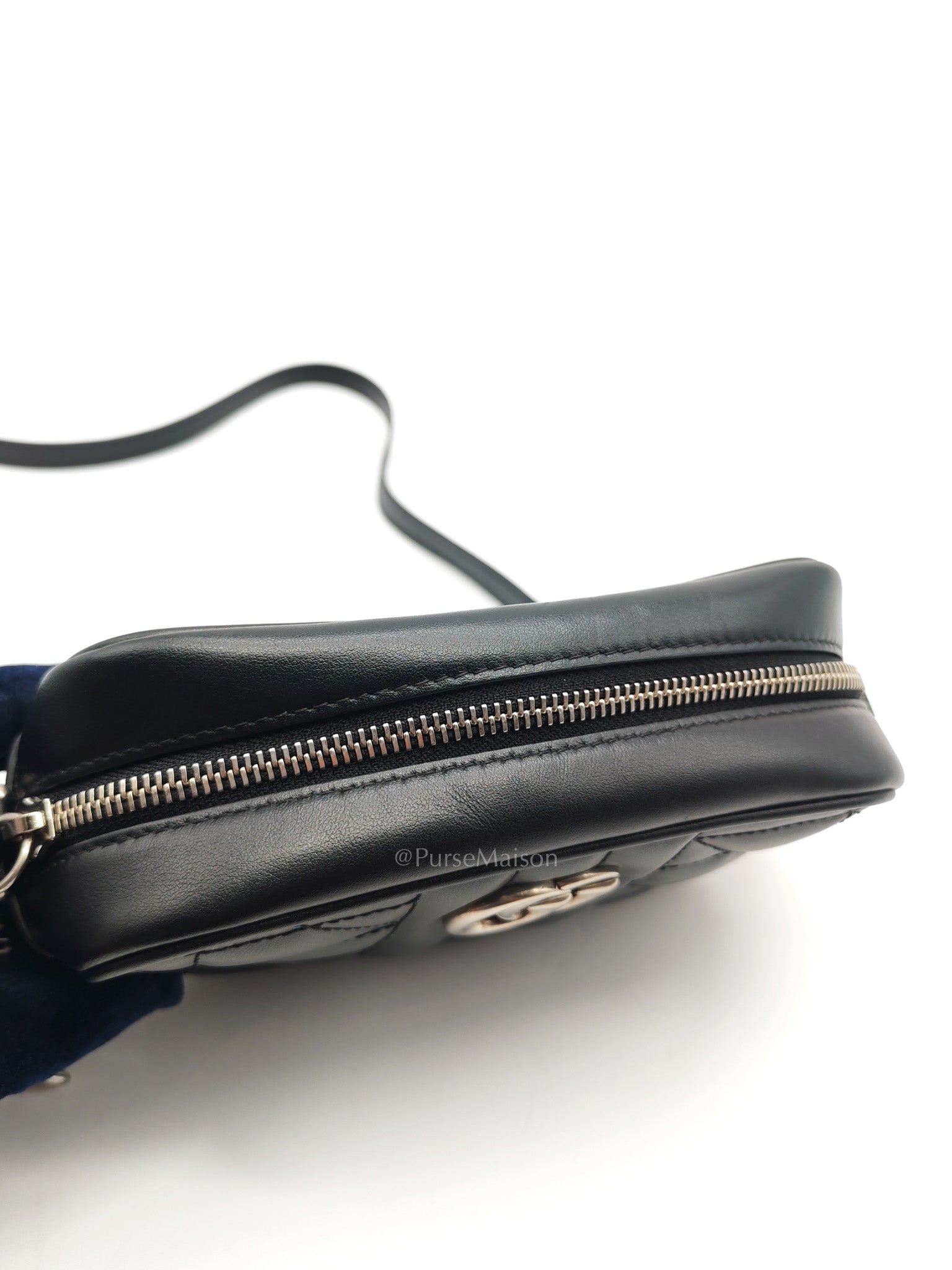 GG Marmont Mini Camera Bag in Black Quilted Matelasse Leather and Silver Hardware
