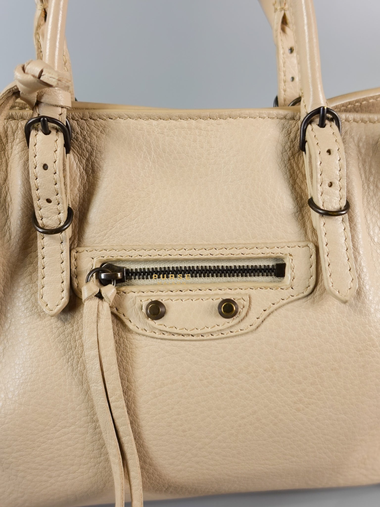 Beige Leather Papier Small Zip Around Tote | Purse Maison Luxury Bags Shop