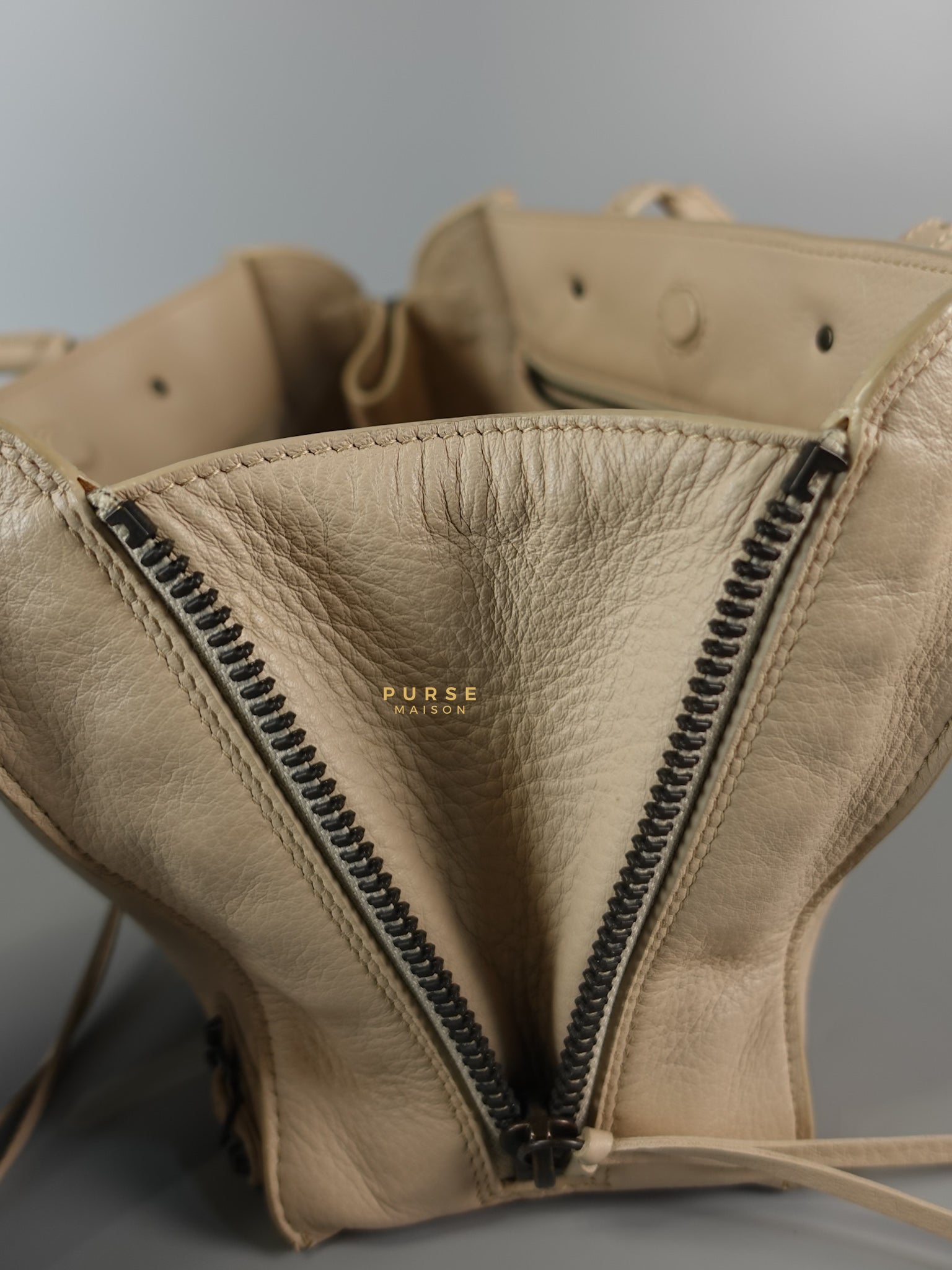 Beige Leather Papier Small Zip Around Tote | Purse Maison Luxury Bags Shop