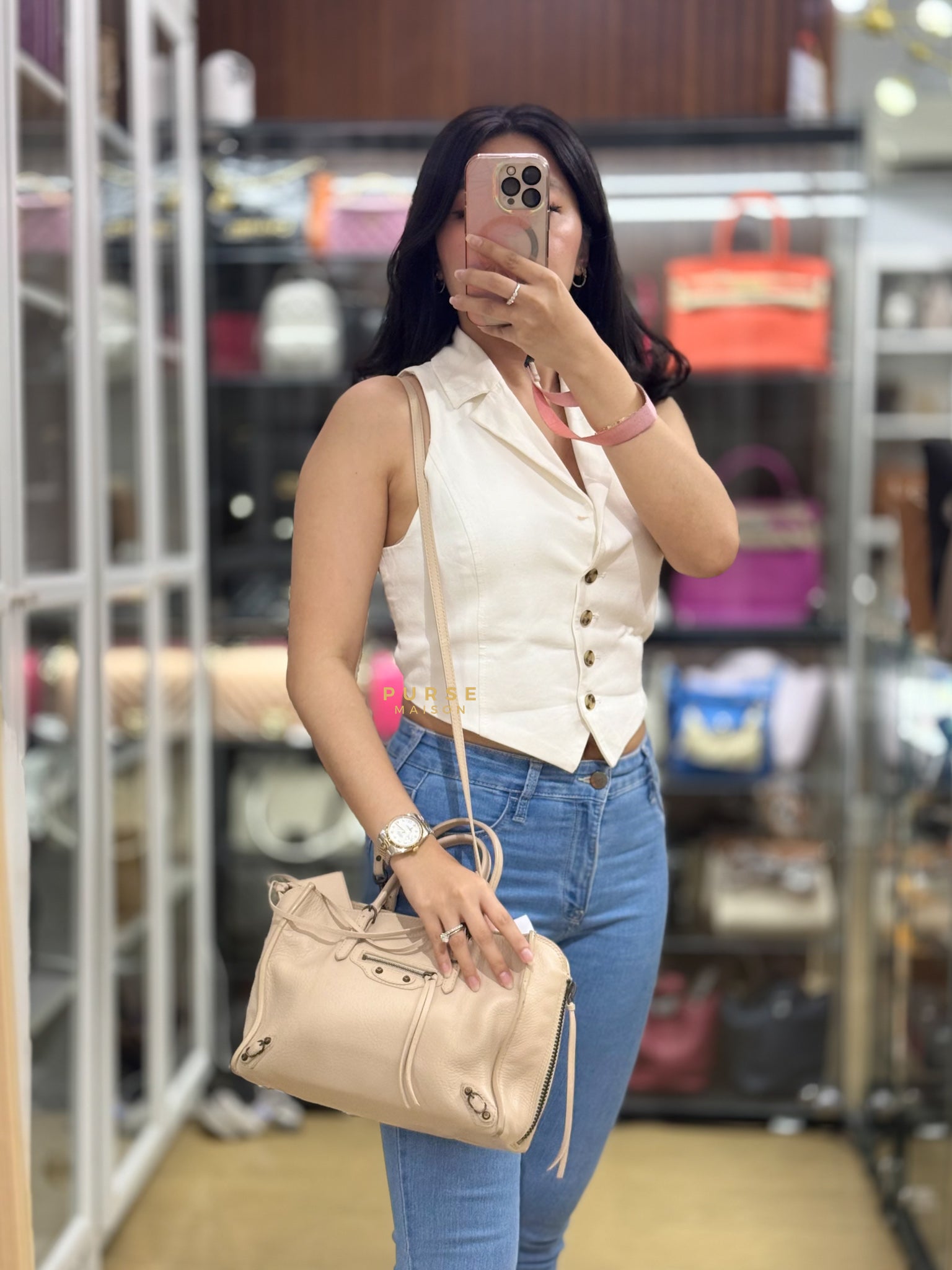 Beige Leather Papier Small Zip Around Tote | Purse Maison Luxury Bags Shop