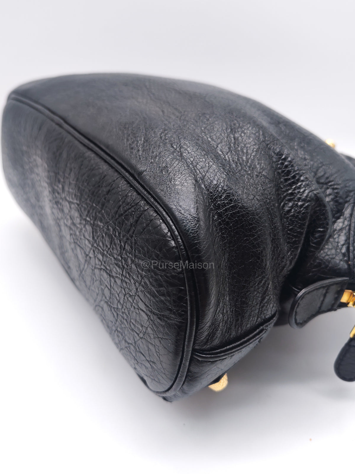Balenciaga Bowler Bag in Black Crinkled Lambskin Leather and Gold Hardware | Purse Maison Luxury Bags Shop