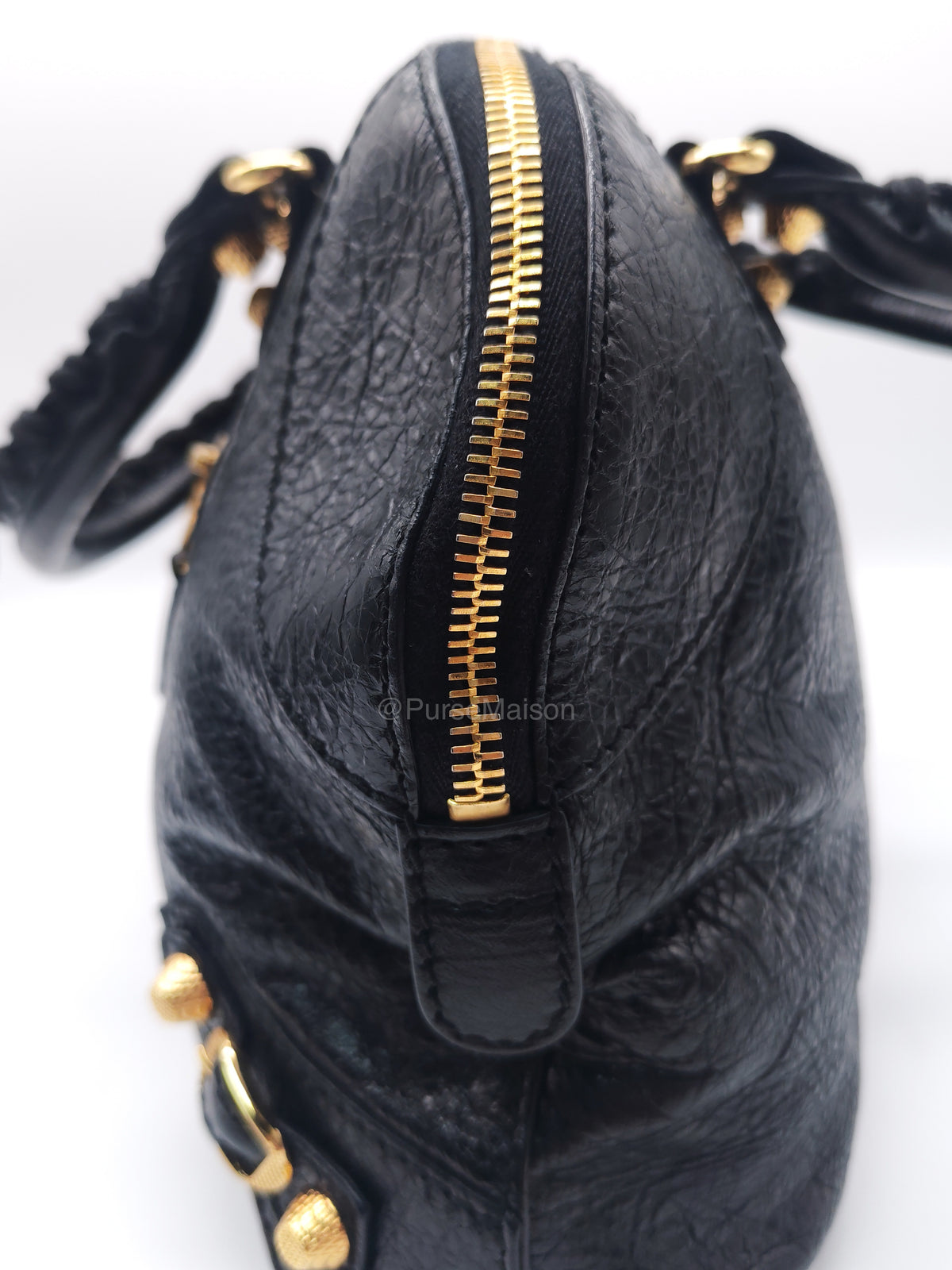 Balenciaga Bowler Bag in Black Crinkled Lambskin Leather and Gold Hardware | Purse Maison Luxury Bags Shop