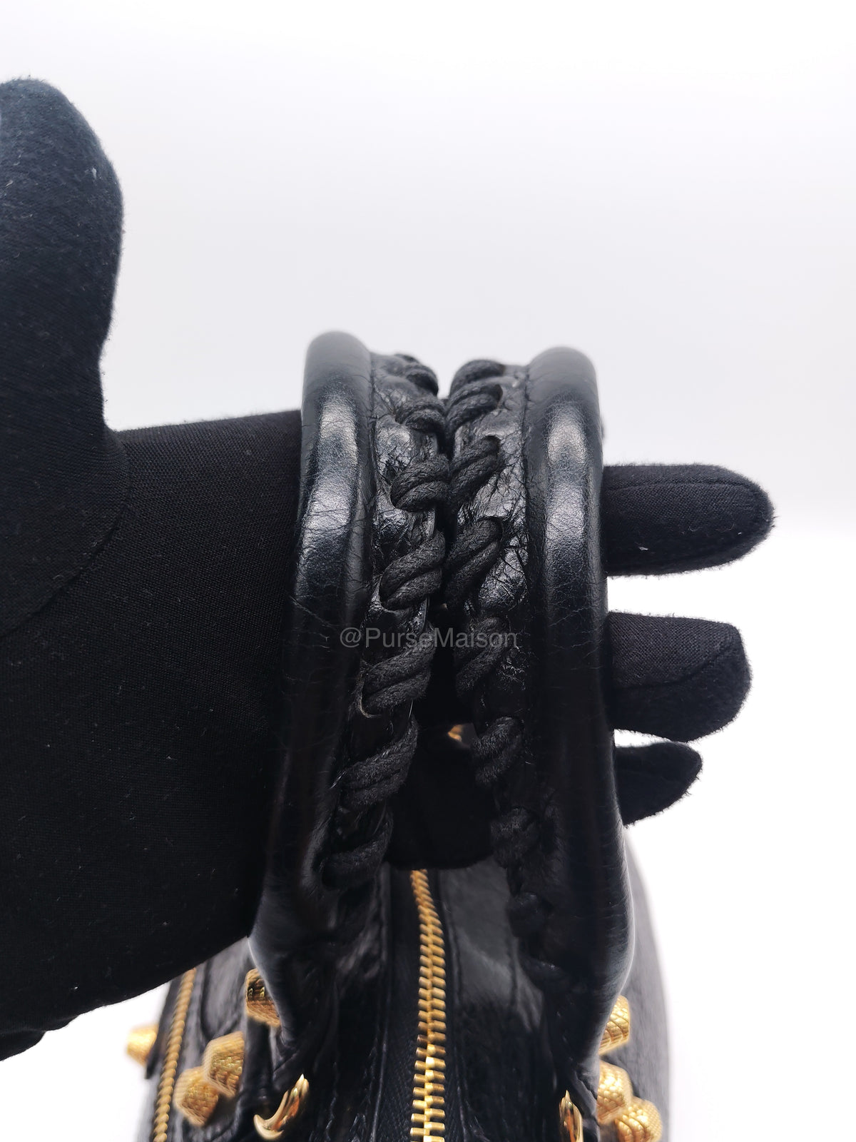 Balenciaga Bowler Bag in Black Crinkled Lambskin Leather and Gold Hardware | Purse Maison Luxury Bags Shop