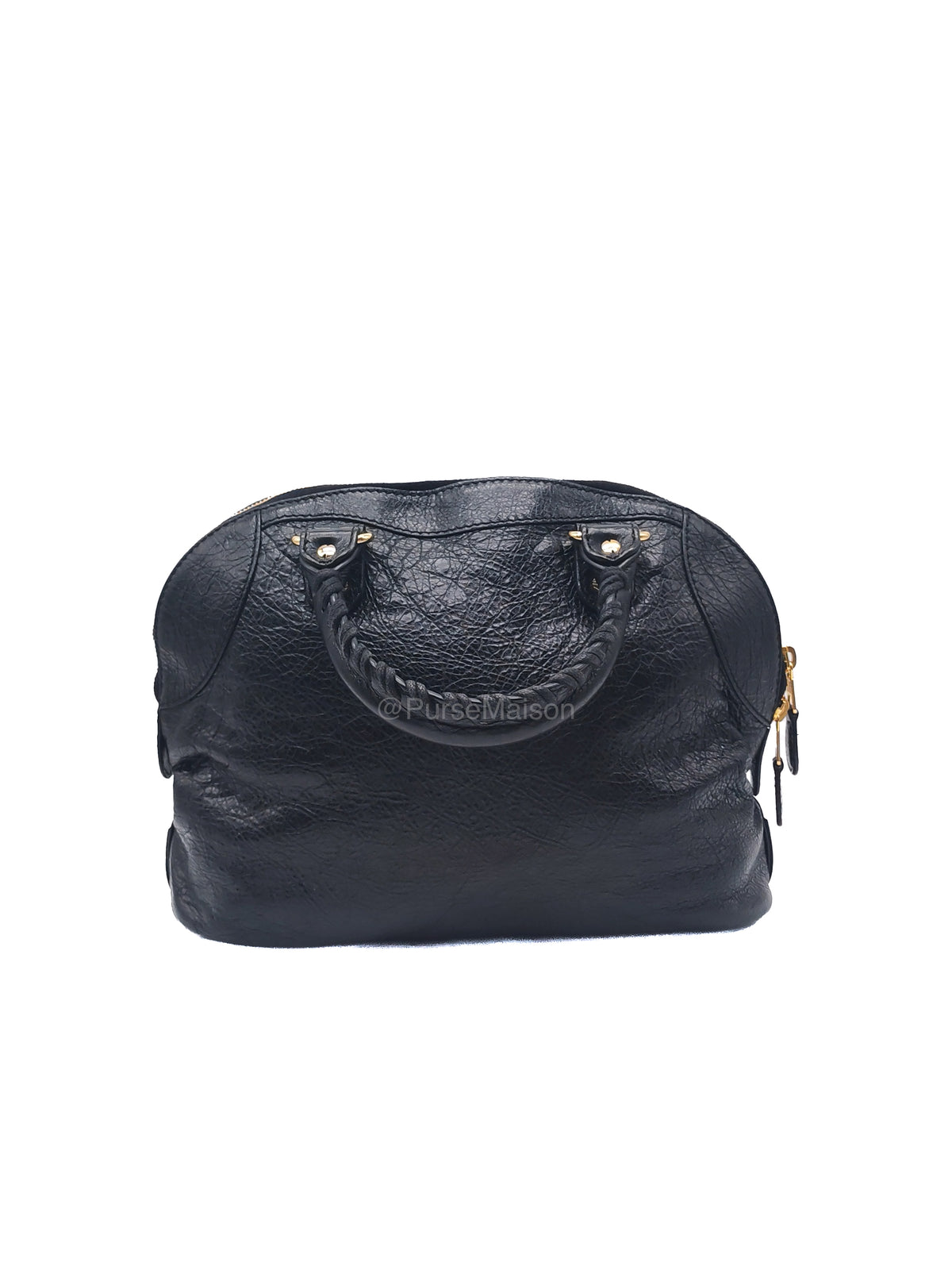 Balenciaga Bowler Bag in Black Crinkled Lambskin Leather and Gold Hardware | Purse Maison Luxury Bags Shop
