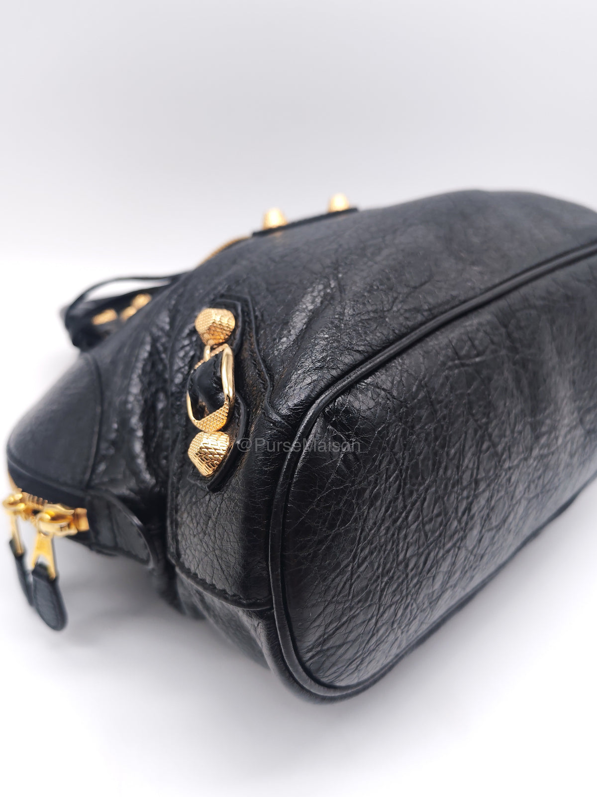 Balenciaga Bowler Bag in Black Crinkled Lambskin Leather and Gold Hardware | Purse Maison Luxury Bags Shop