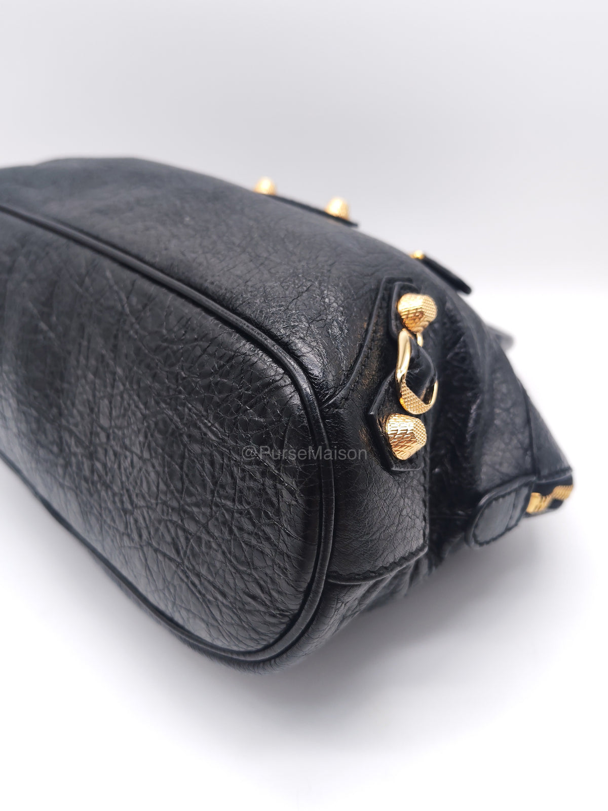 Balenciaga Bowler Bag in Black Crinkled Lambskin Leather and Gold Hardware | Purse Maison Luxury Bags Shop