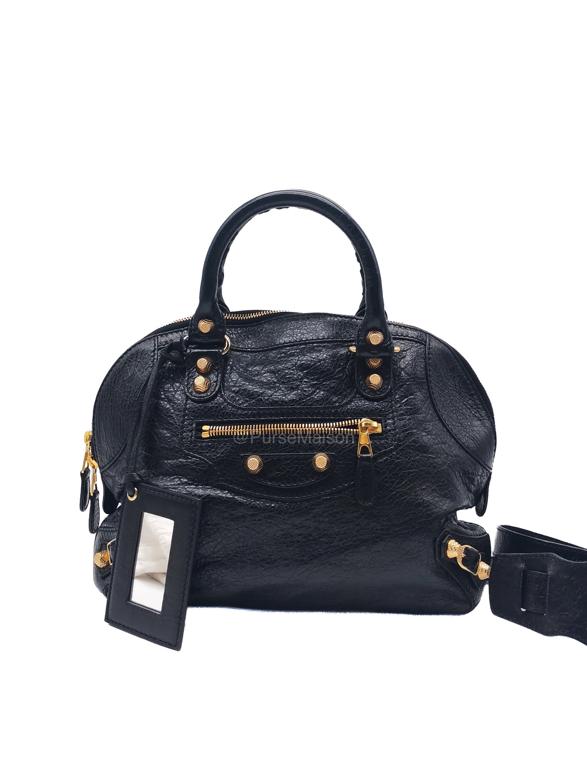 Balenciaga Bowler Bag in Black Crinkled Lambskin Leather and Gold Hardware | Purse Maison Luxury Bags Shop