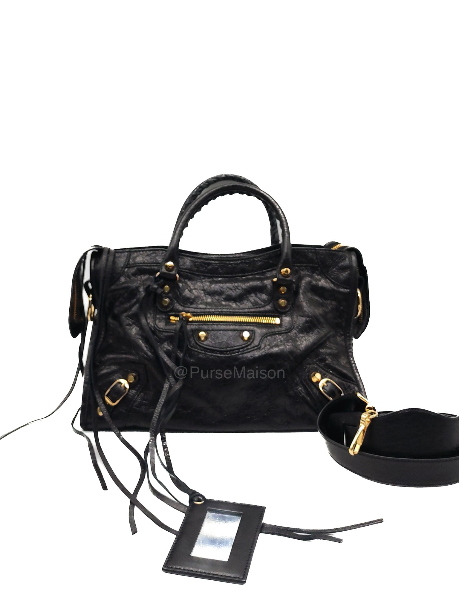 Balenciaga Le City Small Bag in Black Studded Calfskin Leather and Gold Hardware | Purse Maison Luxury Bags Shop