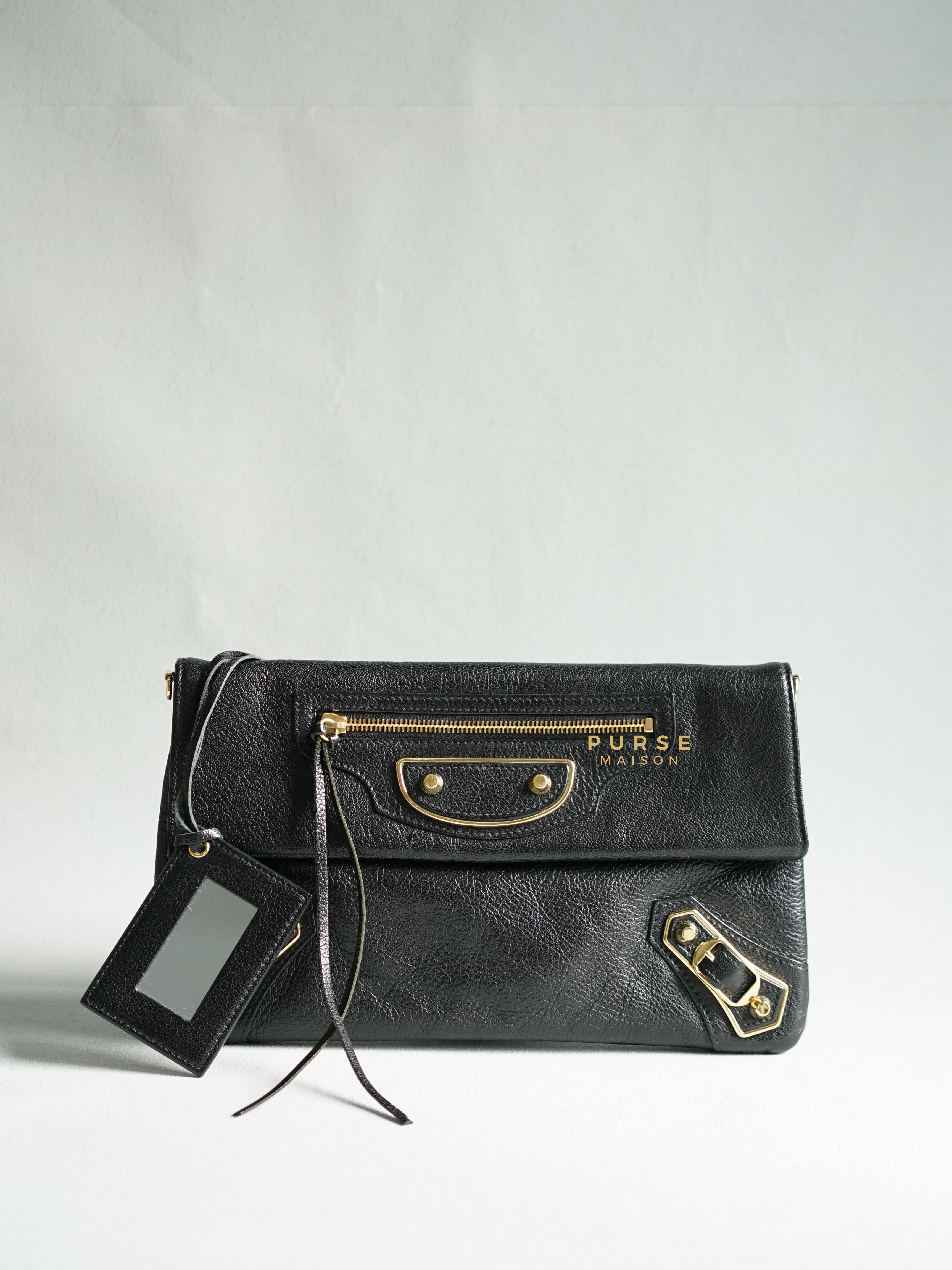 Balenciaga Metallic Edge Black Envelope Clutch with Strap | Purse Maison Luxury Bags Shop