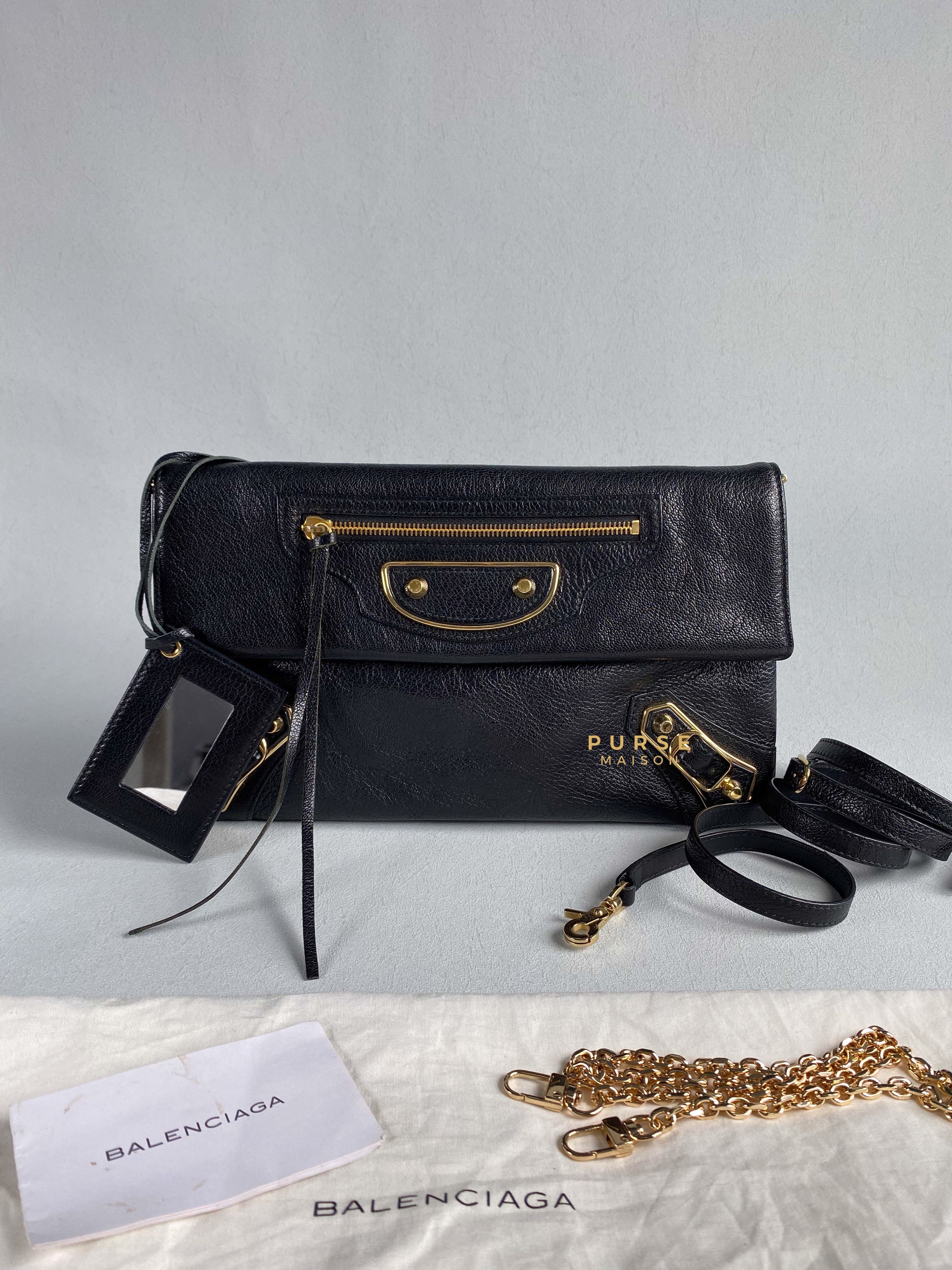Balenciaga Metallic Edge Black Envelope Clutch with Strap | Purse Maison Luxury Bags Shop