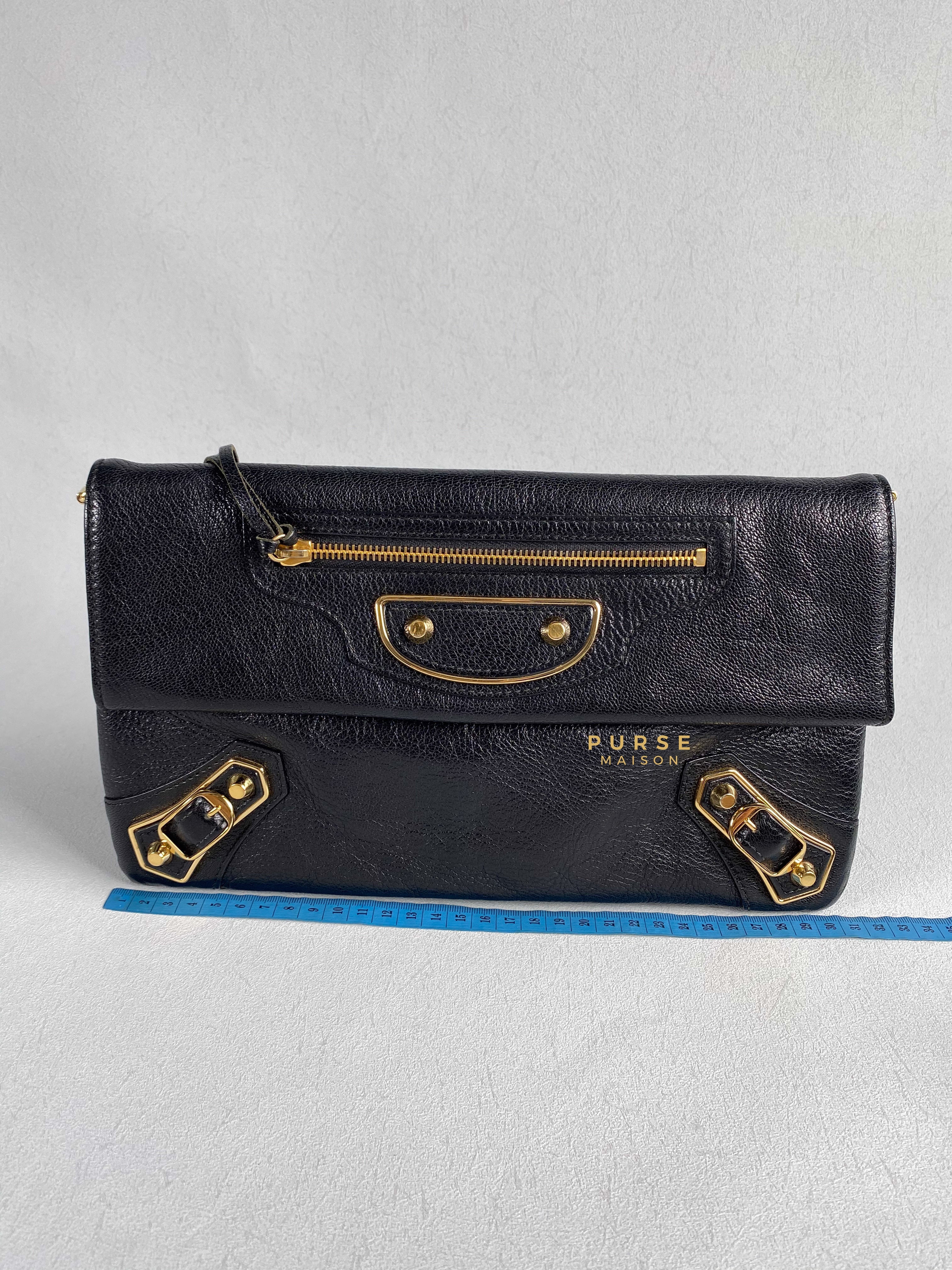Balenciaga Metallic Edge Black Envelope Clutch with Strap | Purse Maison Luxury Bags Shop