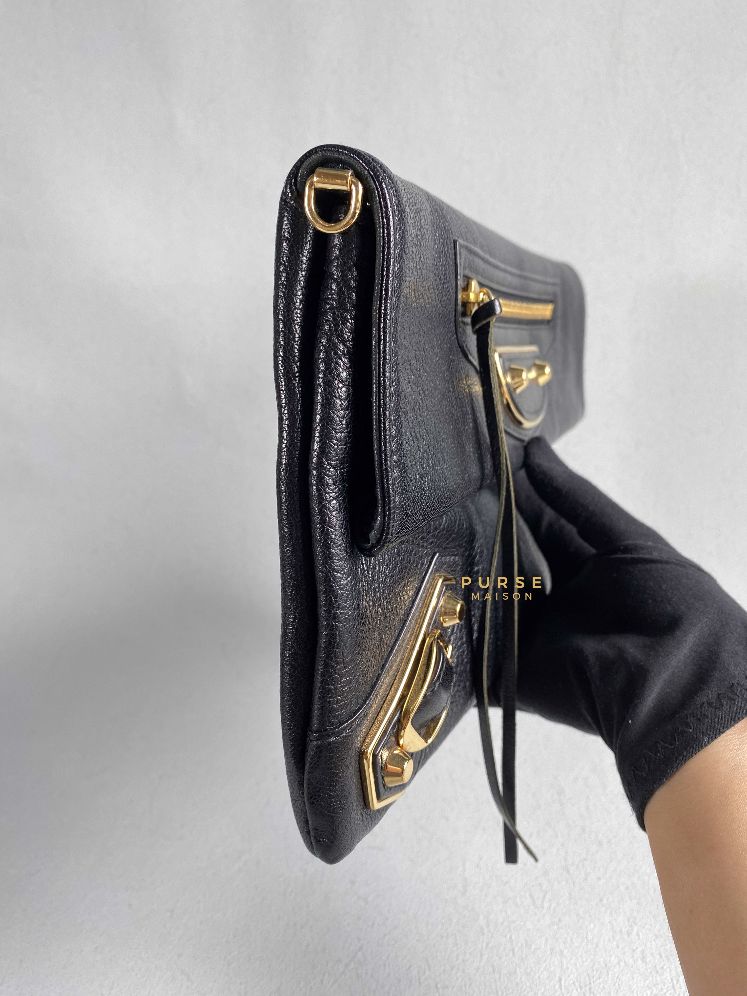 Balenciaga Metallic Edge Black Envelope Clutch with Strap | Purse Maison Luxury Bags Shop