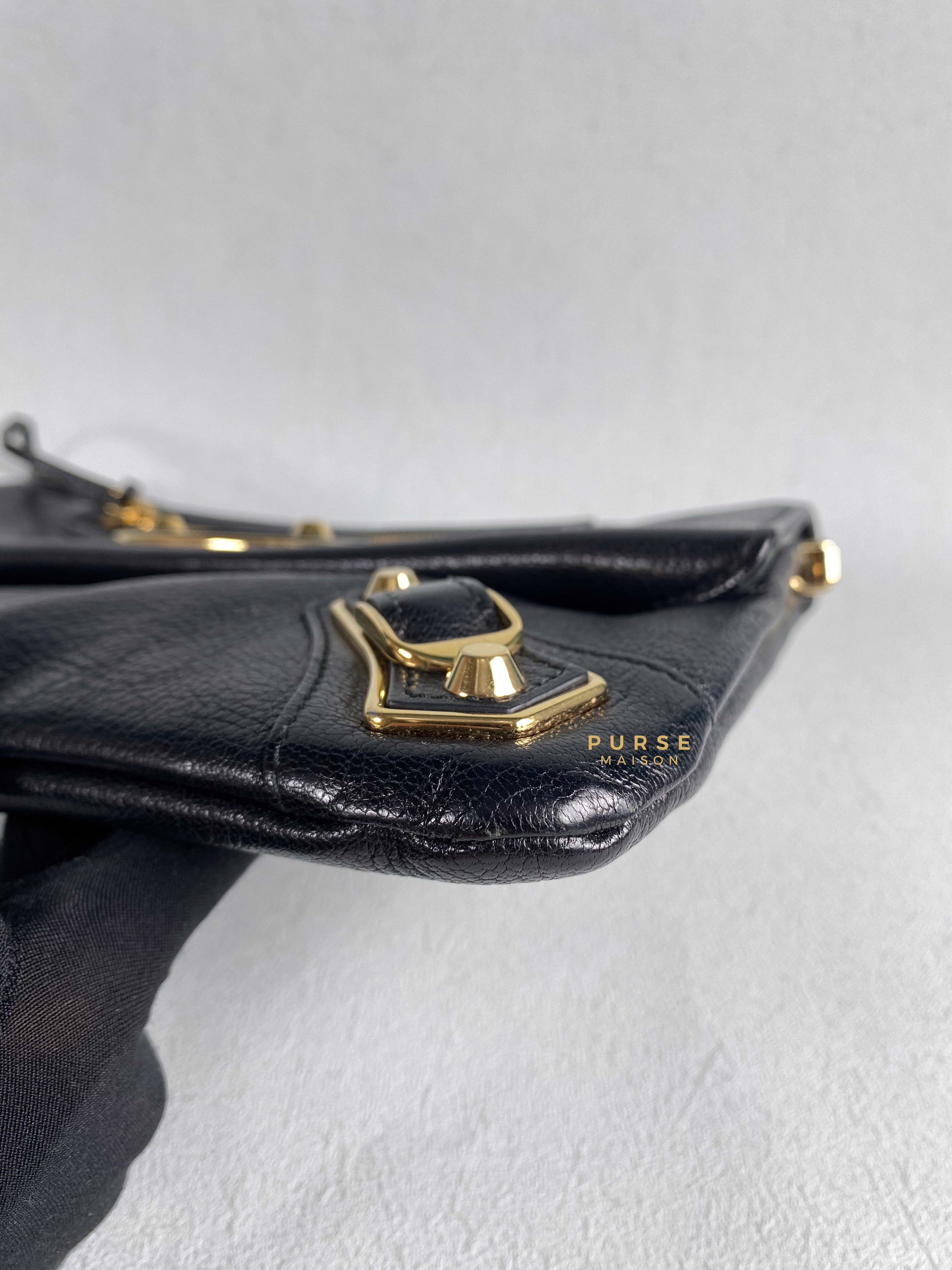 Balenciaga Metallic Edge Black Envelope Clutch with Strap | Purse Maison Luxury Bags Shop