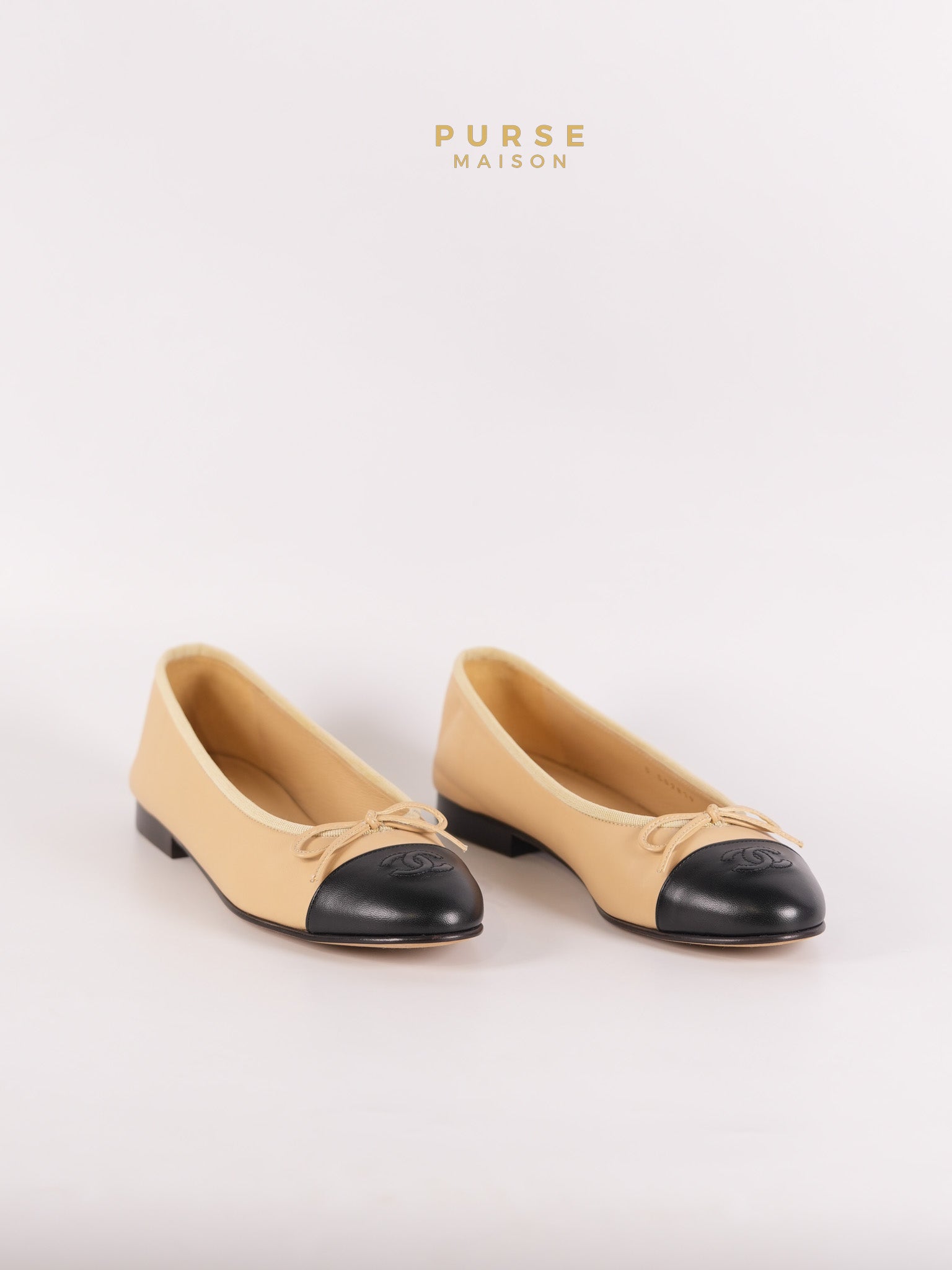 Ballerina Flats Beige & Black Calfskin Leather Size 38 EU(24cm) | Purse Maison Luxury Bags Shop