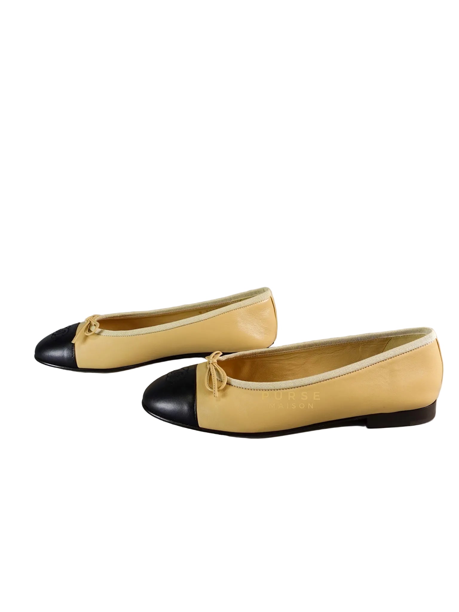 Ballerina Flats Iin Beige & Black Calfskin Leather Size 36.5EU (23 cm) | Purse Maison Luxury Bags Shop