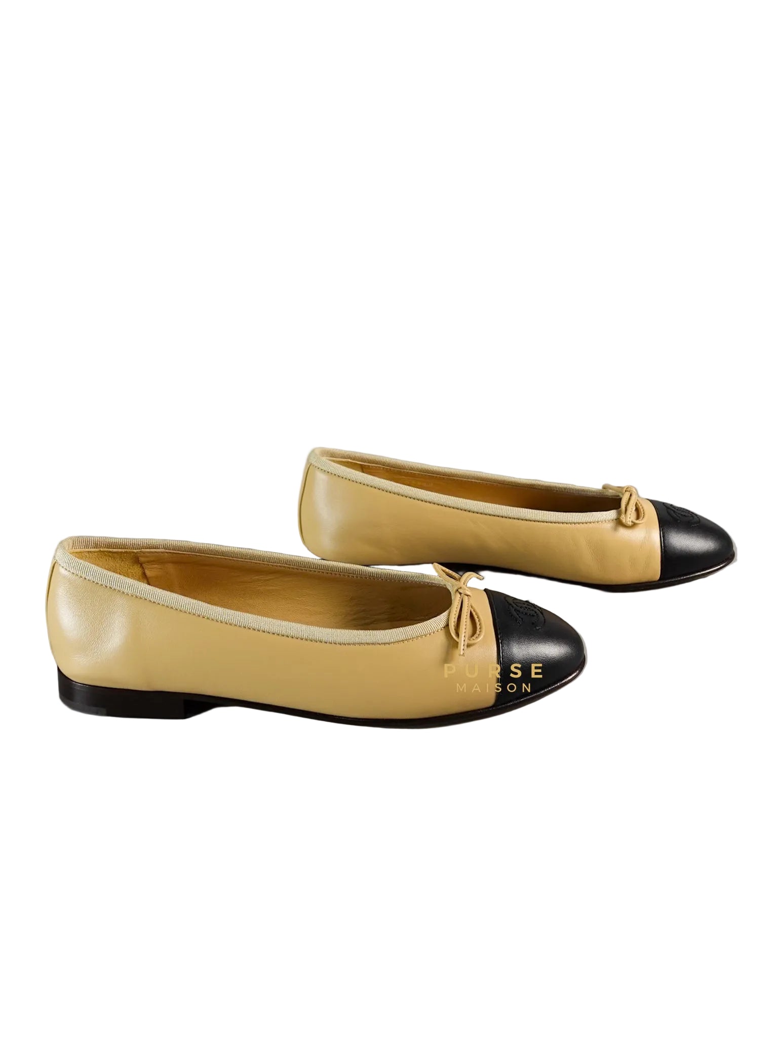 Ballerina Flats Iin Beige & Black Calfskin Leather Size 36.5EU (23 cm) | Purse Maison Luxury Bags Shop