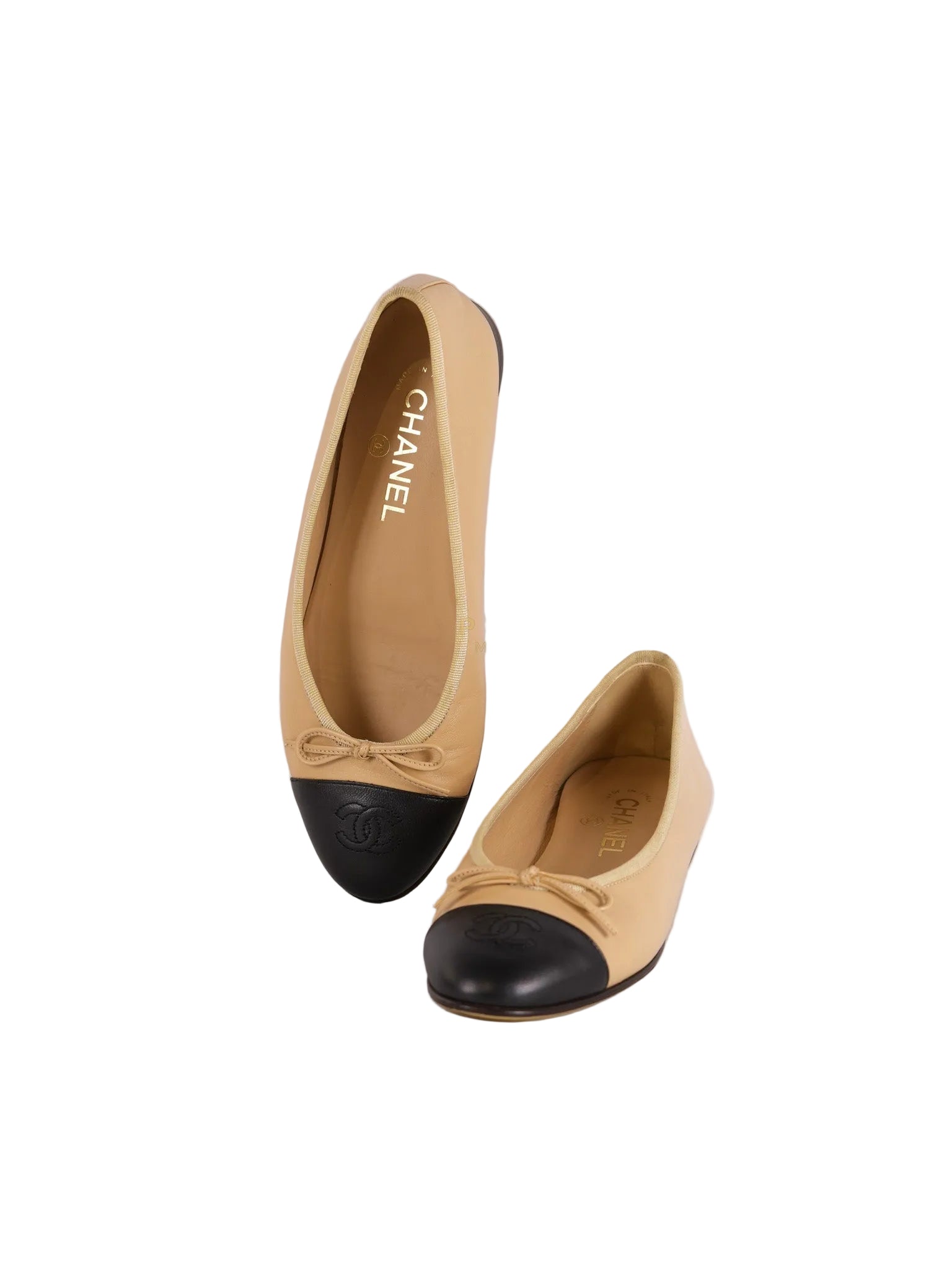 Ballerina Flats Iin Beige & Black Calfskin Leather Size 36.5EU (23 cm) | Purse Maison Luxury Bags Shop