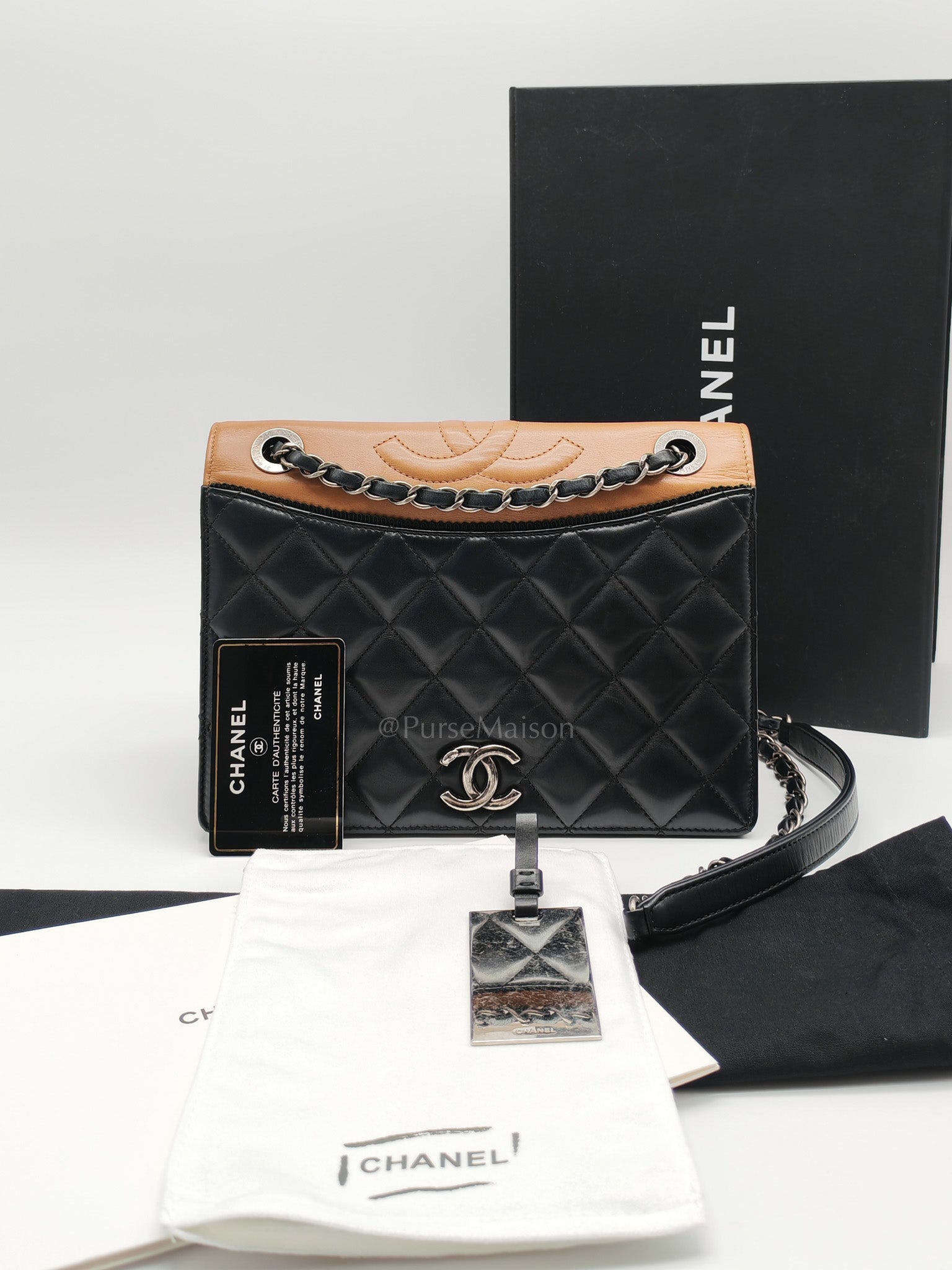 Ballerine Flap Bag in Black/Tan Quilted Lambskin Leather & Ruthenium Hardware Series 23 | Purse Maison Luxury Bags Shop