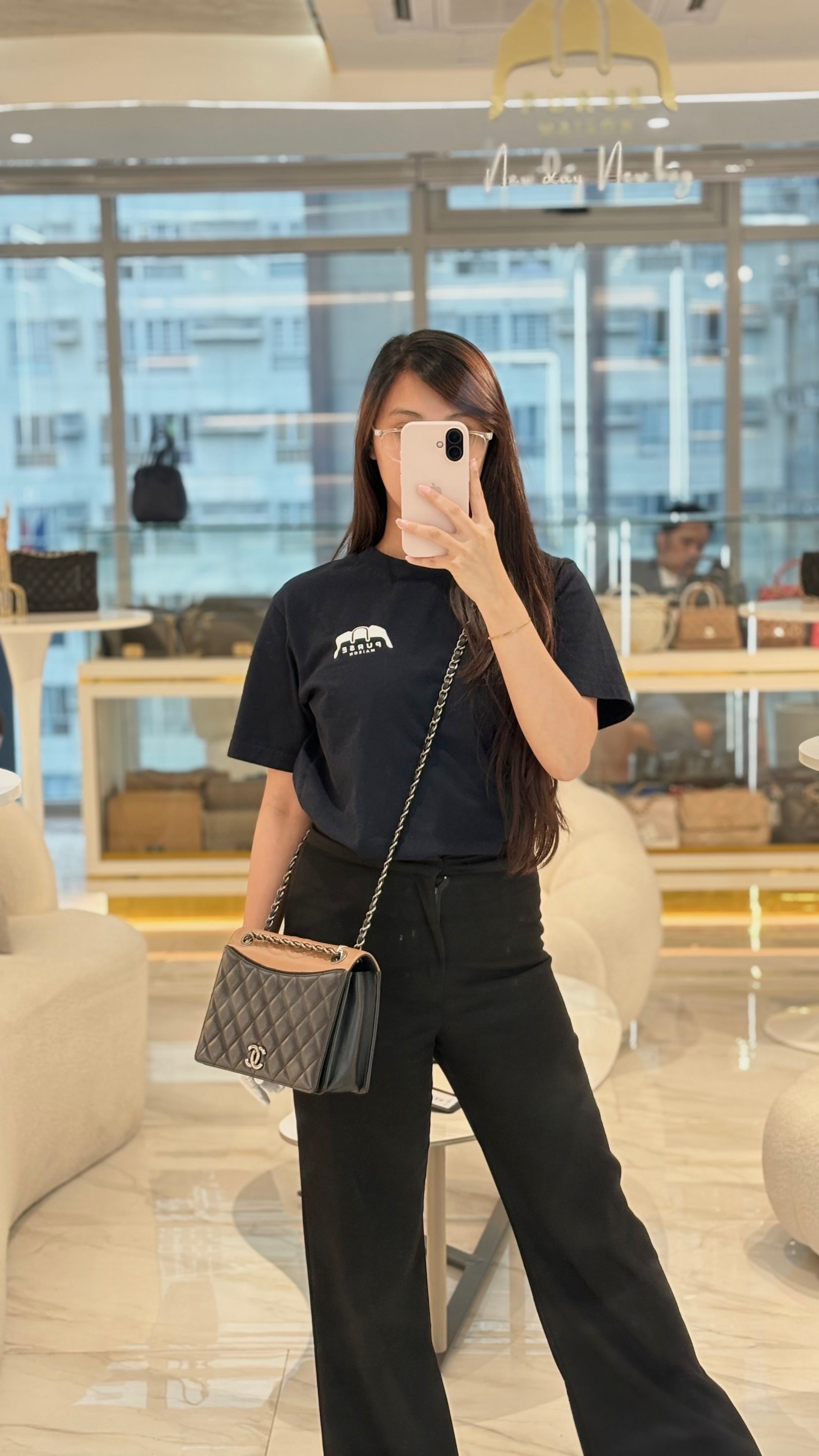 Ballerine Flap Bag in Black/Tan Quilted Lambskin Leather & Ruthenium Hardware Series 23 | Purse Maison Luxury Bags Shop