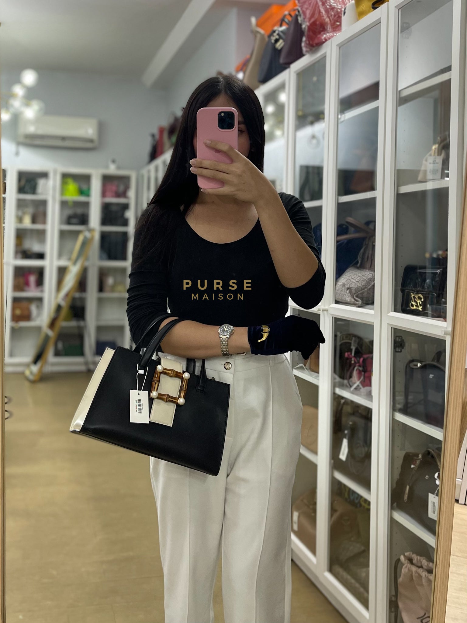 Bamboo Buckle Bi-Color Black/White Tote Bag | Purse Maison Luxury Bags Shop