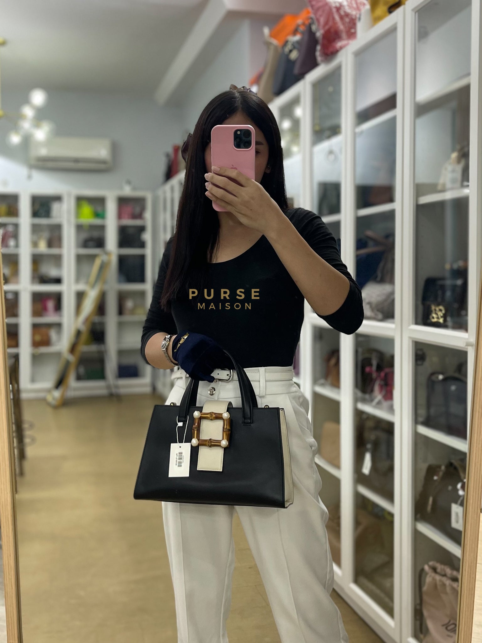 Bamboo Buckle Bi-Color Black/White Tote Bag | Purse Maison Luxury Bags Shop