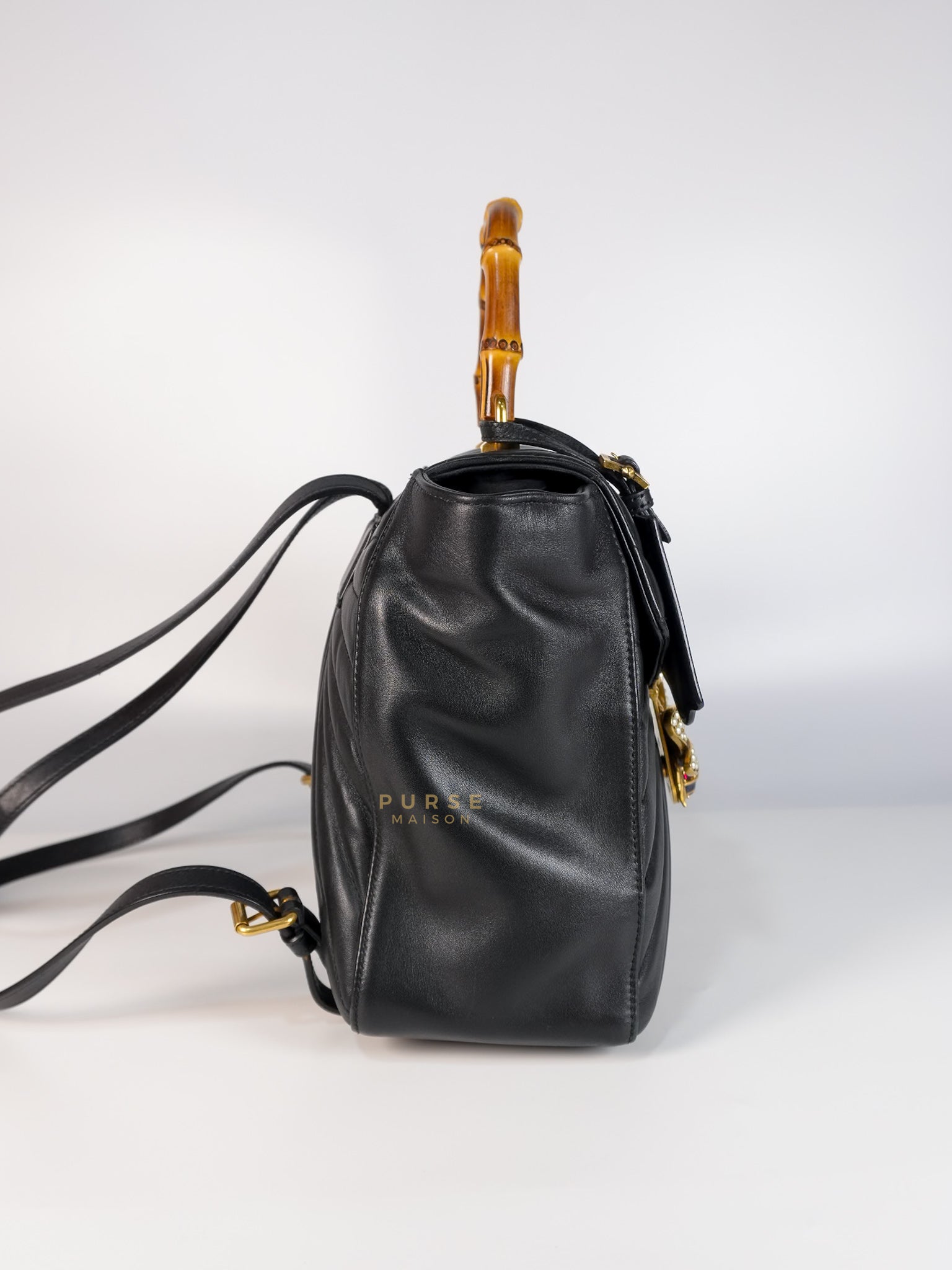 Bamboo Queen Mangaret in Black Smooth Leather Backpack | Purse Maison Luxury Bags Shop