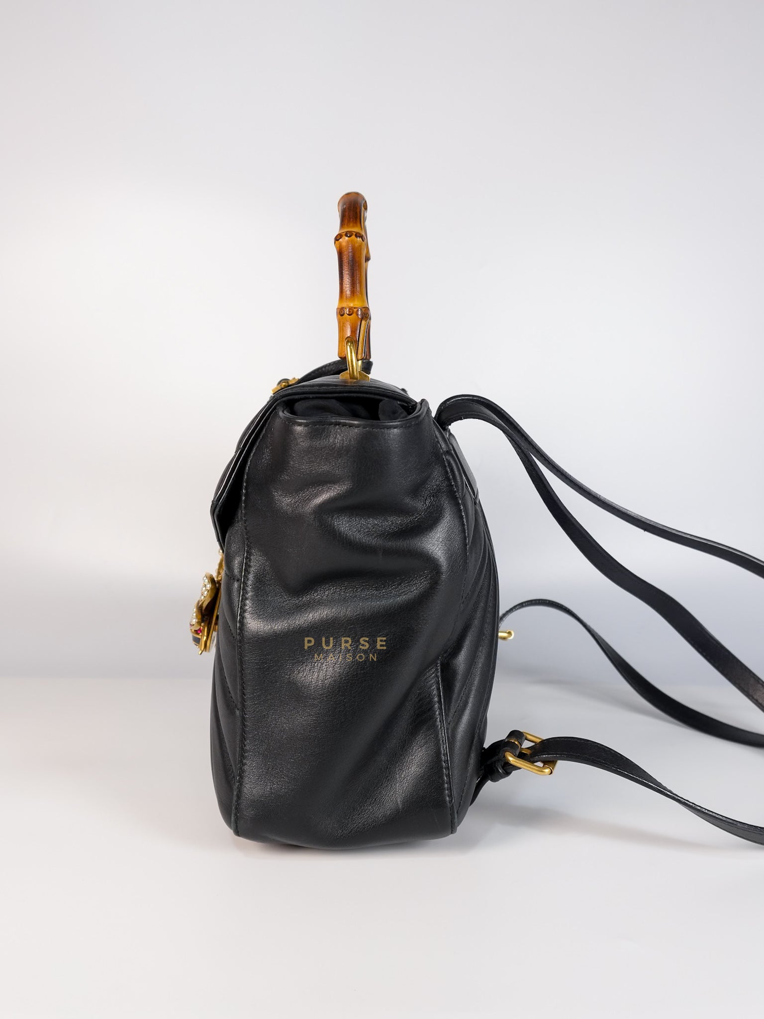 Bamboo Queen Mangaret in Black Smooth Leather Backpack | Purse Maison Luxury Bags Shop