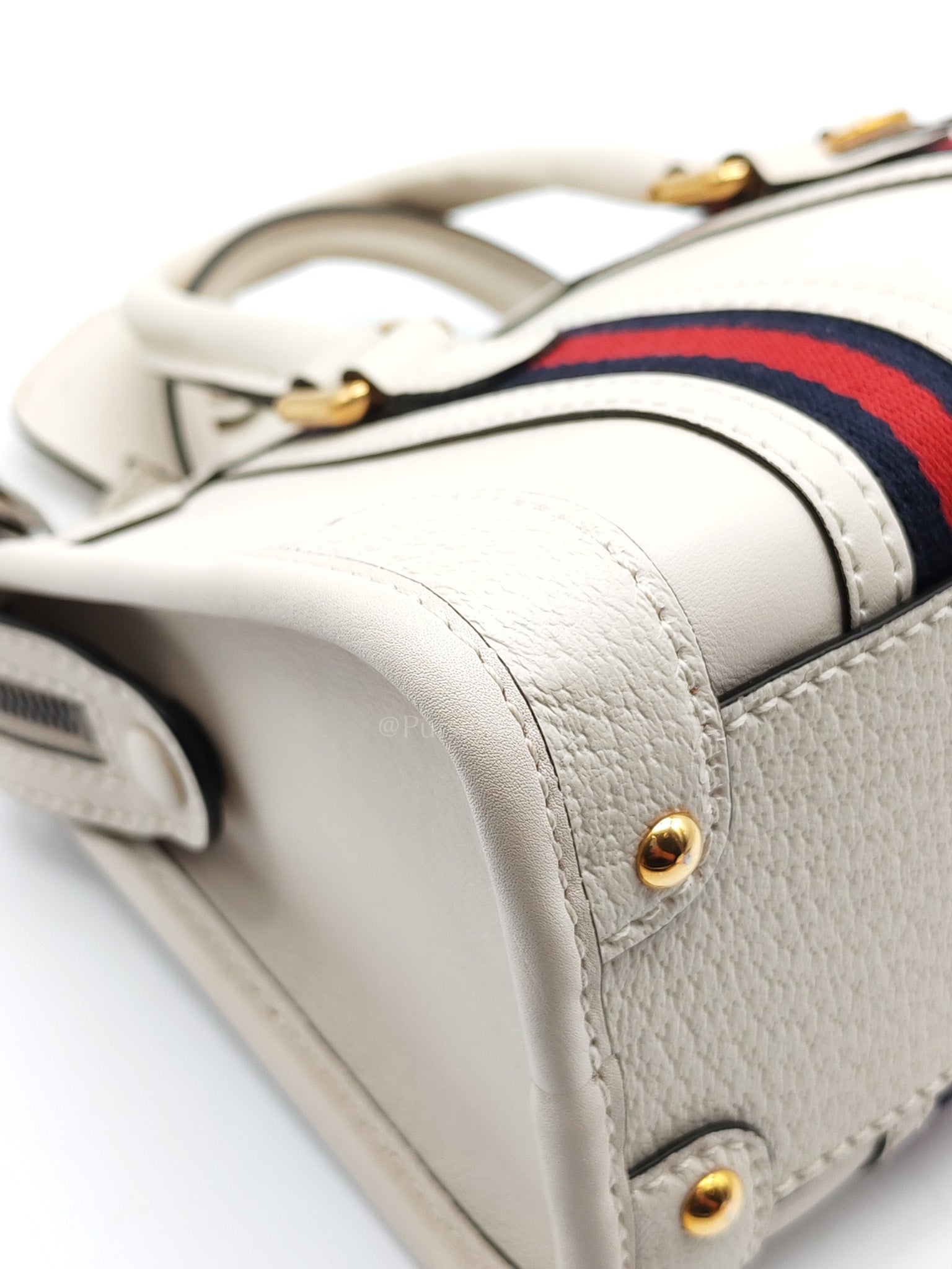 Bauletto Duffle Top Handle Bag Mini in Mystic White Koi Calfskin Web Leather | Purse Maison Luxury Bags Shop