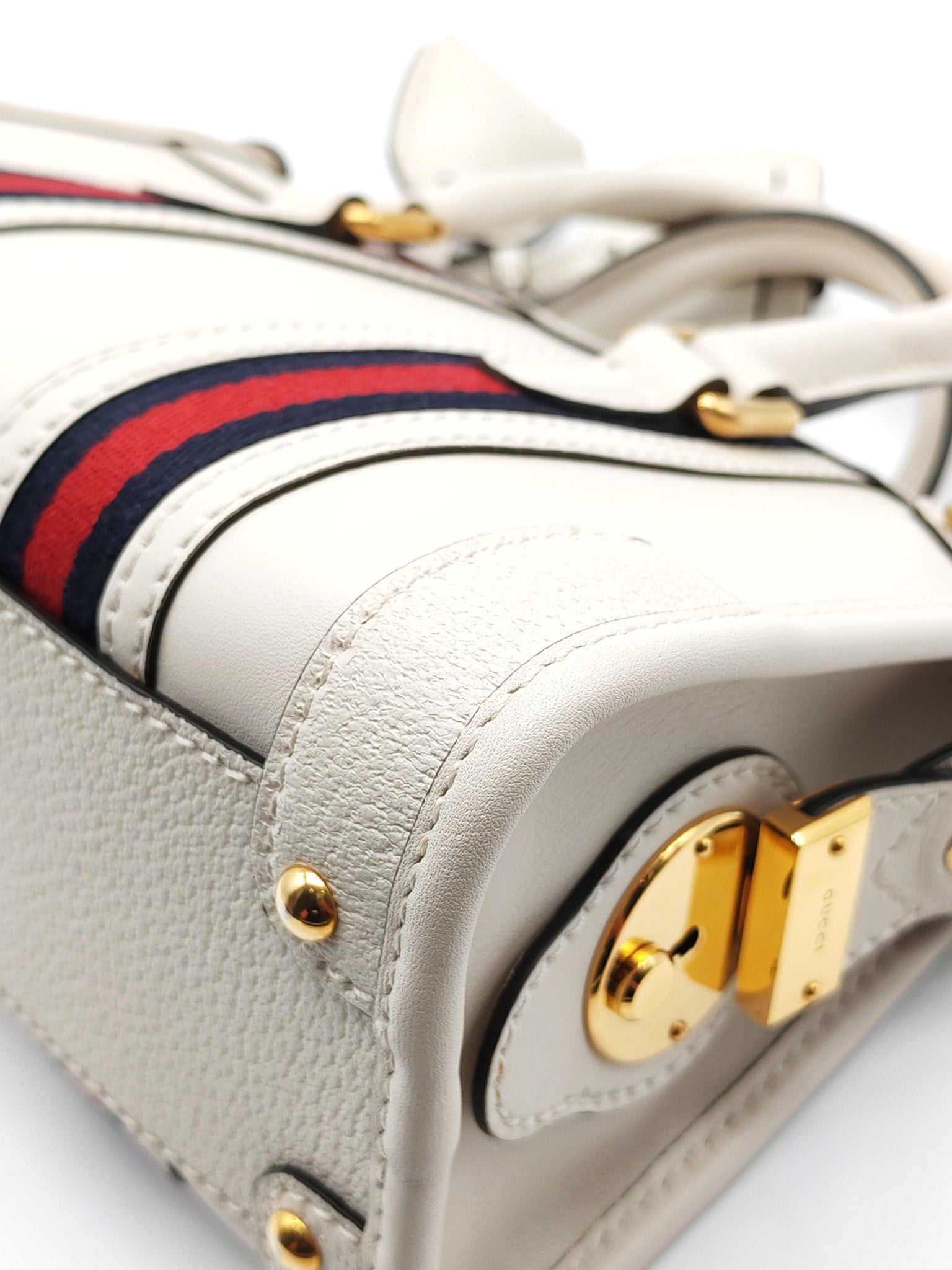 Bauletto Duffle Top Handle Bag Mini in Mystic White Koi Calfskin Web Leather | Purse Maison Luxury Bags Shop