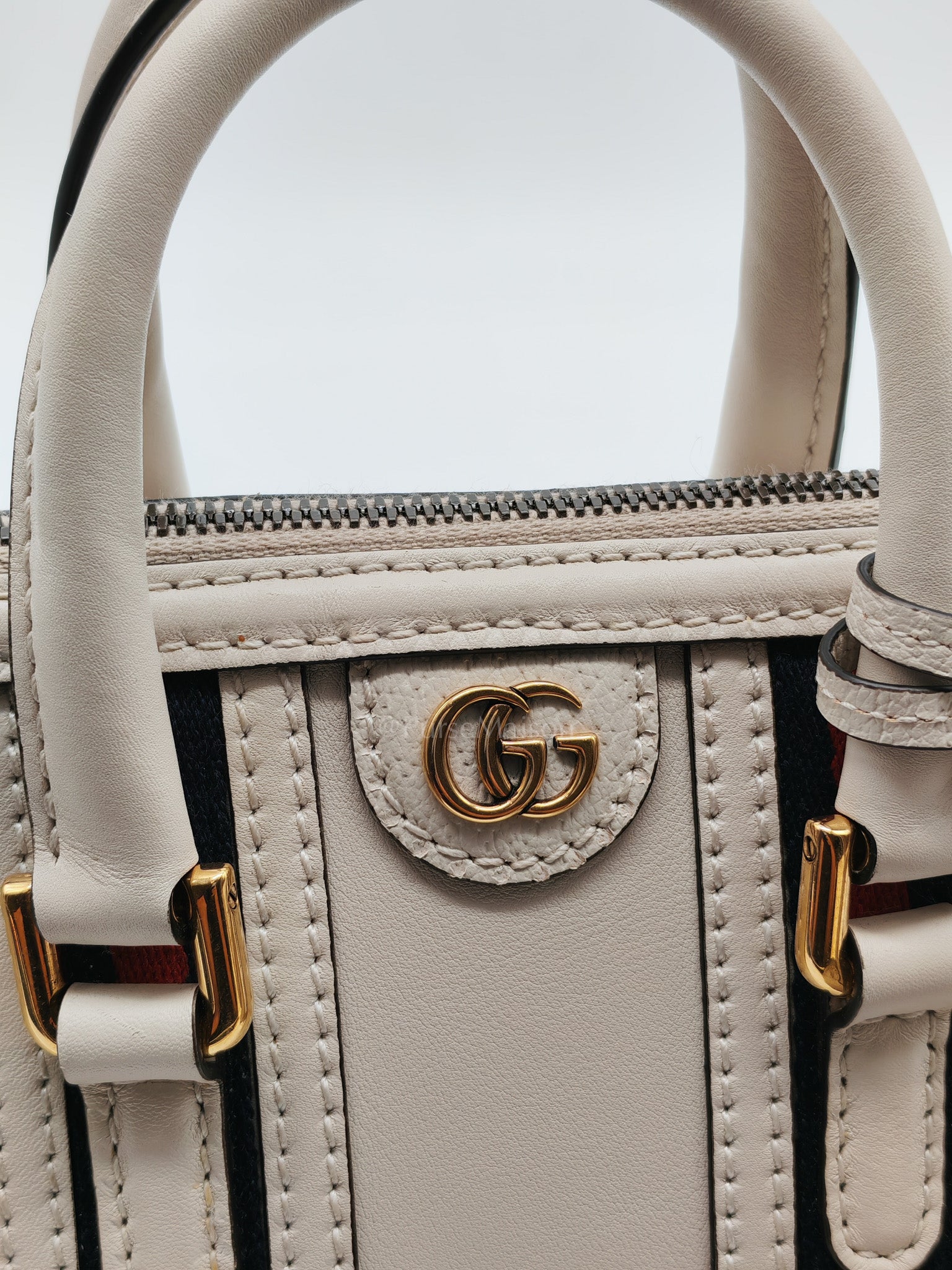 Bauletto Duffle Top Handle Bag Mini in Mystic White Koi Calfskin Web Leather | Purse Maison Luxury Bags Shop