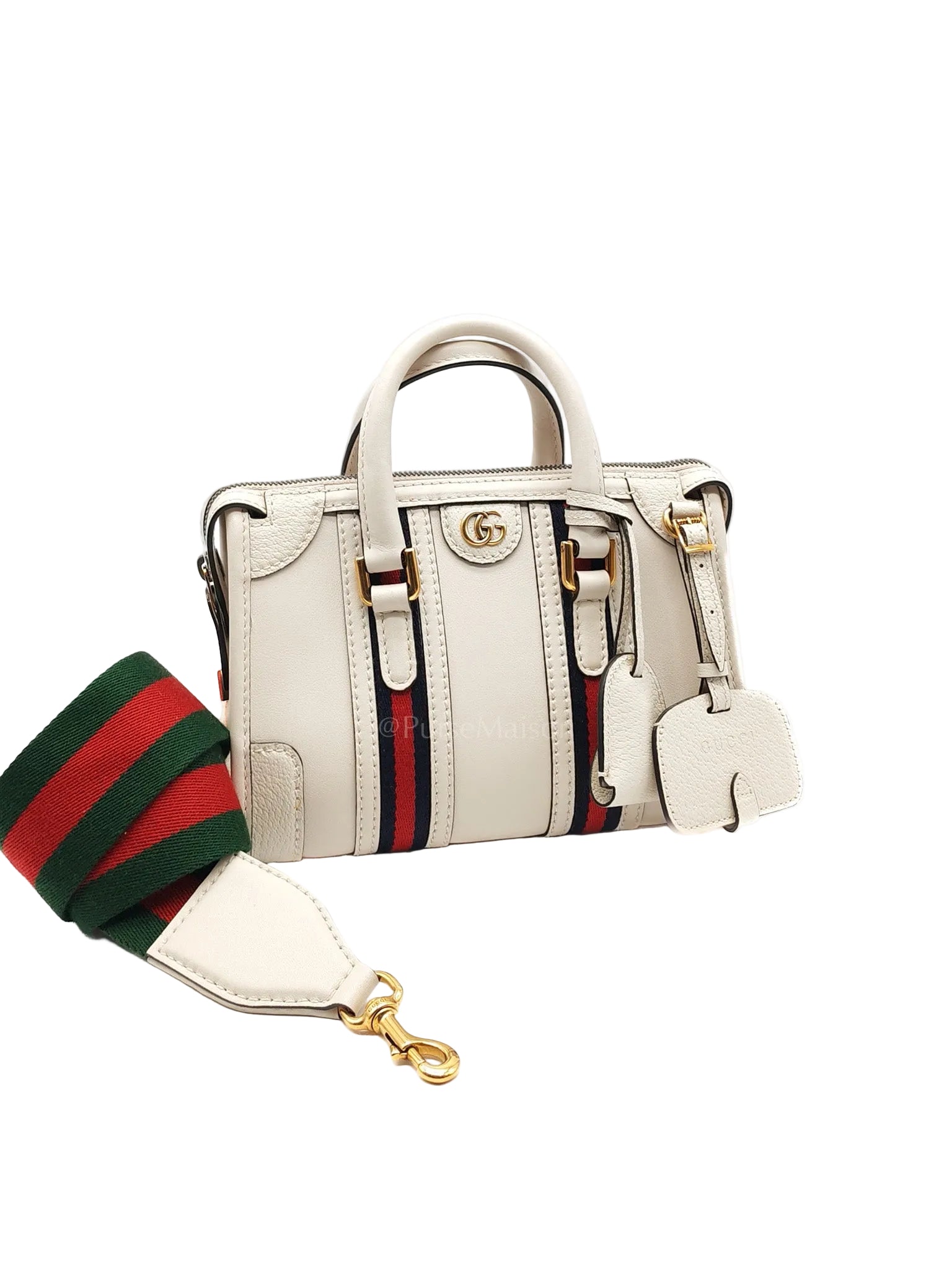 Bauletto Duffle Top Handle Bag Mini in Mystic White Koi Calfskin Web Leather | Purse Maison Luxury Bags Shop