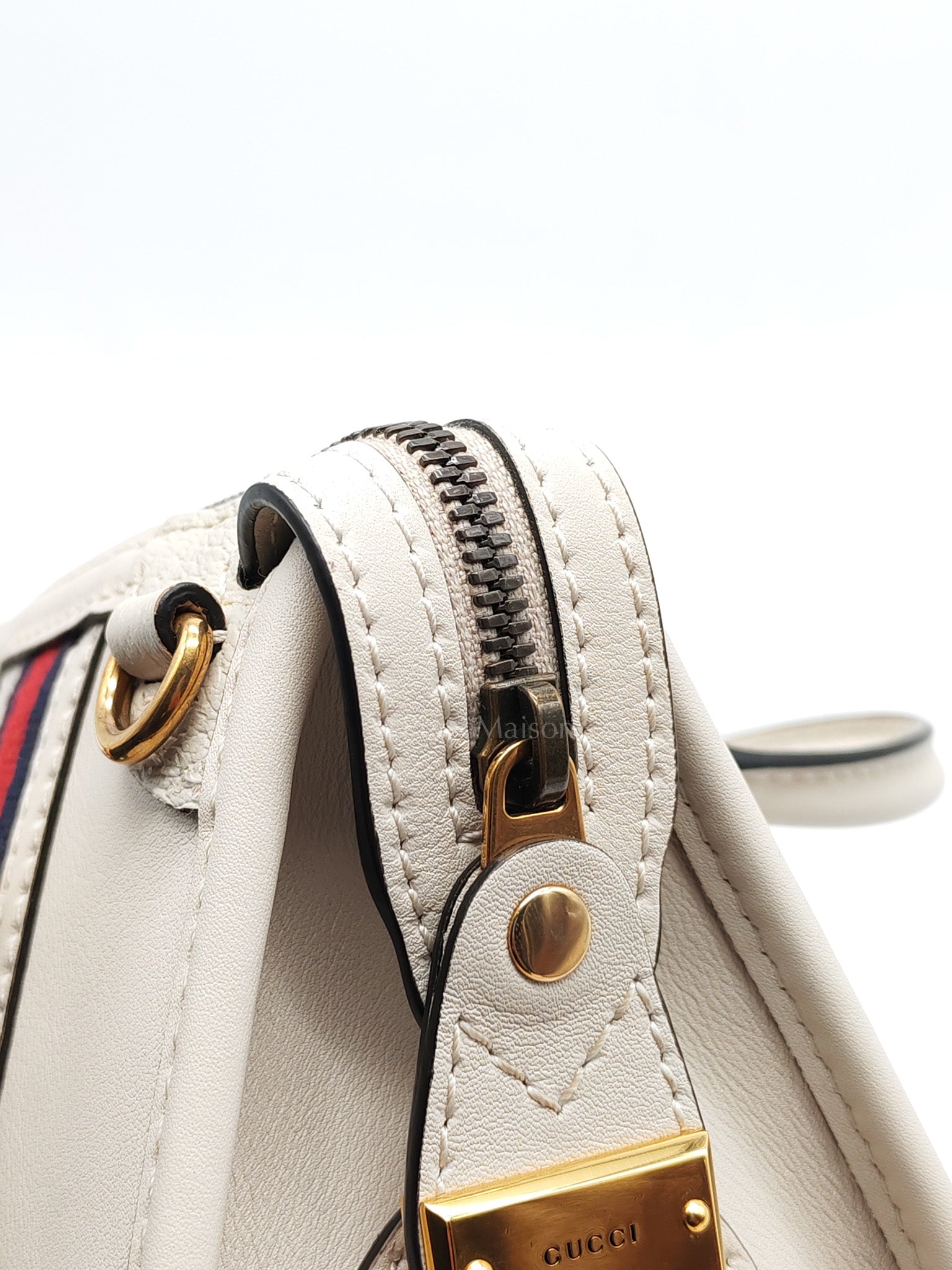 Bauletto Duffle Top Handle Bag Mini in Mystic White Koi Calfskin Web Leather | Purse Maison Luxury Bags Shop