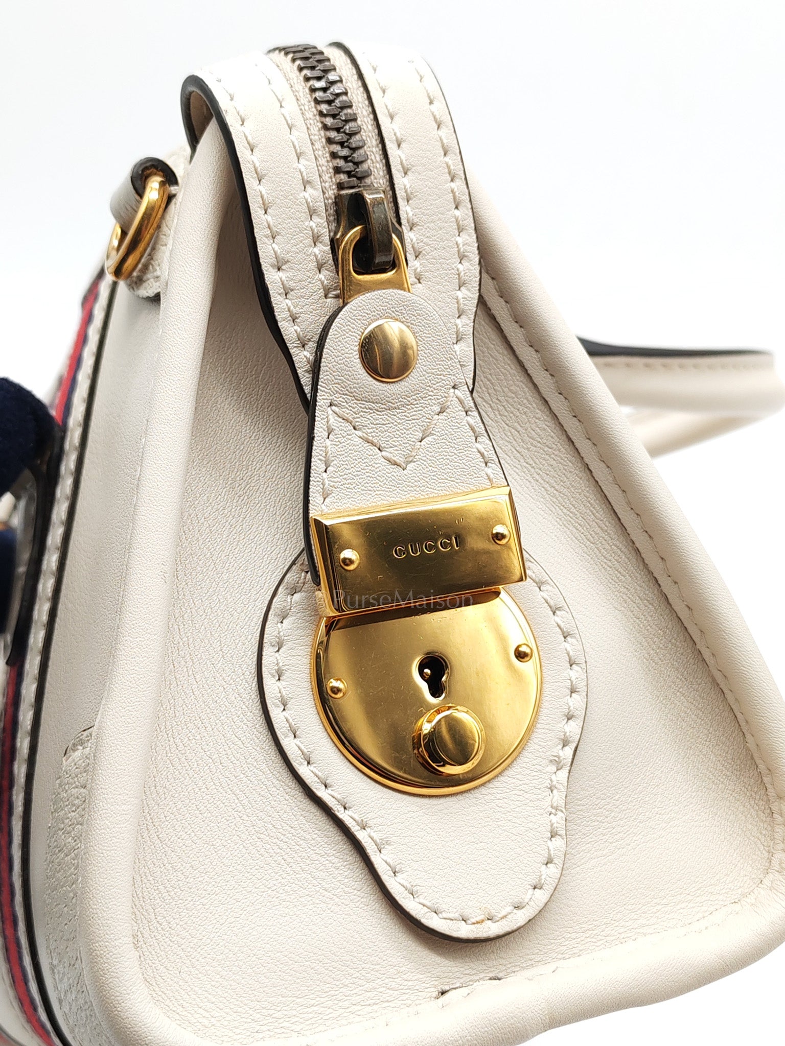 Bauletto Duffle Top Handle Bag Mini in Mystic White Koi Calfskin Web Leather | Purse Maison Luxury Bags Shop