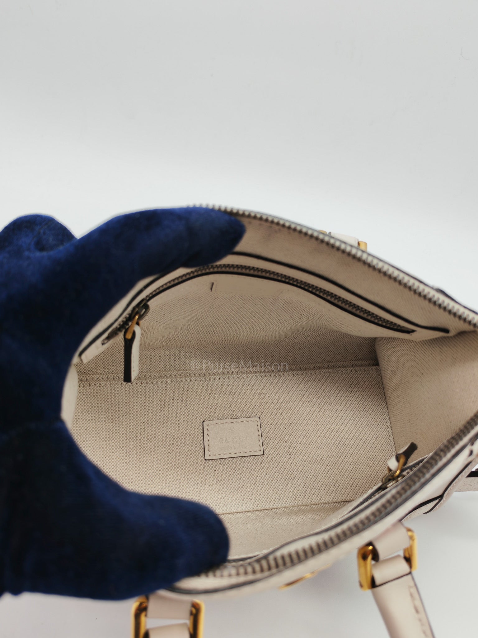 Bauletto Duffle Top Handle Bag Mini in Mystic White Koi Calfskin Web Leather | Purse Maison Luxury Bags Shop