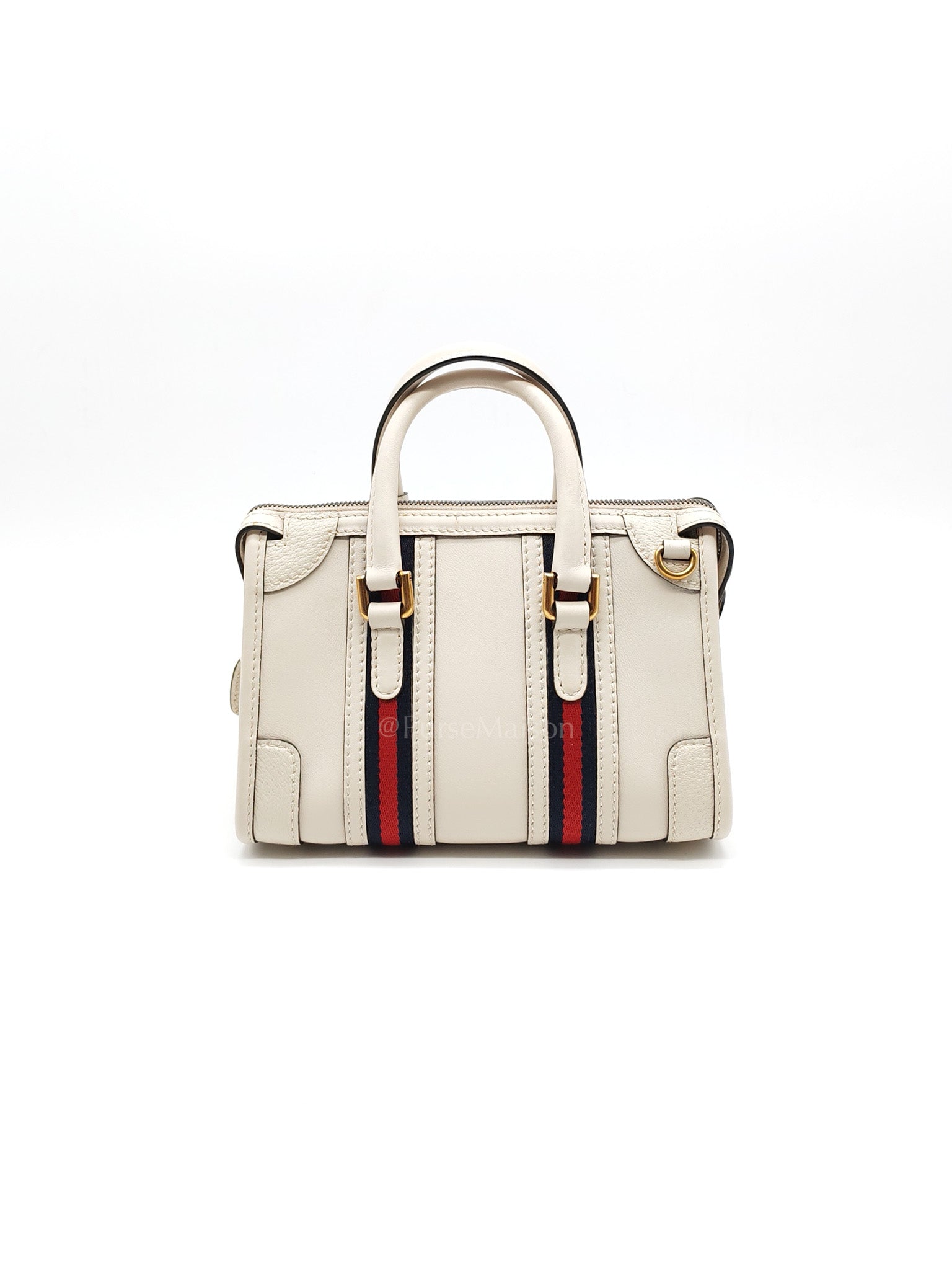 Bauletto Duffle Top Handle Bag Mini in Mystic White Koi Calfskin Web Leather | Purse Maison Luxury Bags Shop