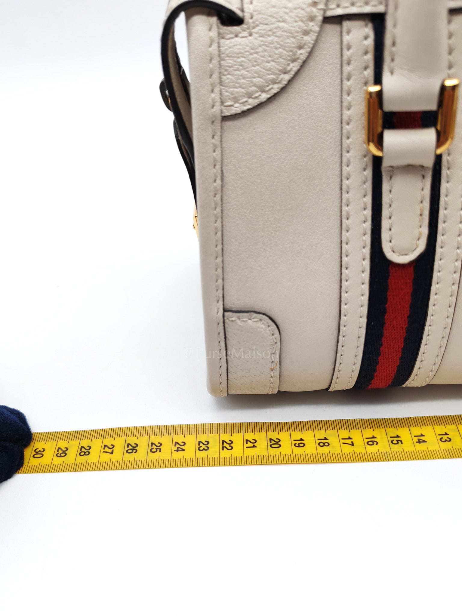 Bauletto Duffle Top Handle Bag Mini in Mystic White Koi Calfskin Web Leather | Purse Maison Luxury Bags Shop