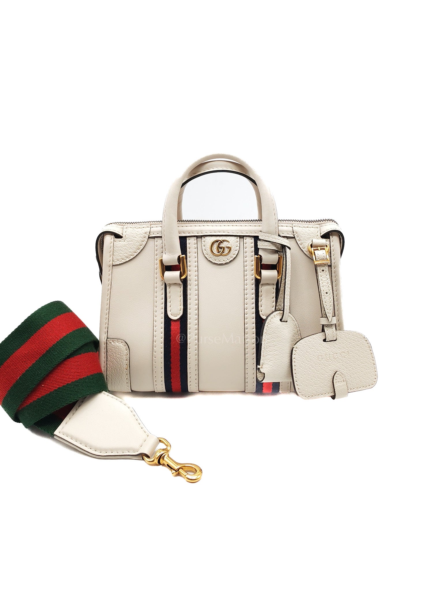 Bauletto Duffle Top Handle Bag Mini in Mystic White Koi Calfskin Web Leather | Purse Maison Luxury Bags Shop