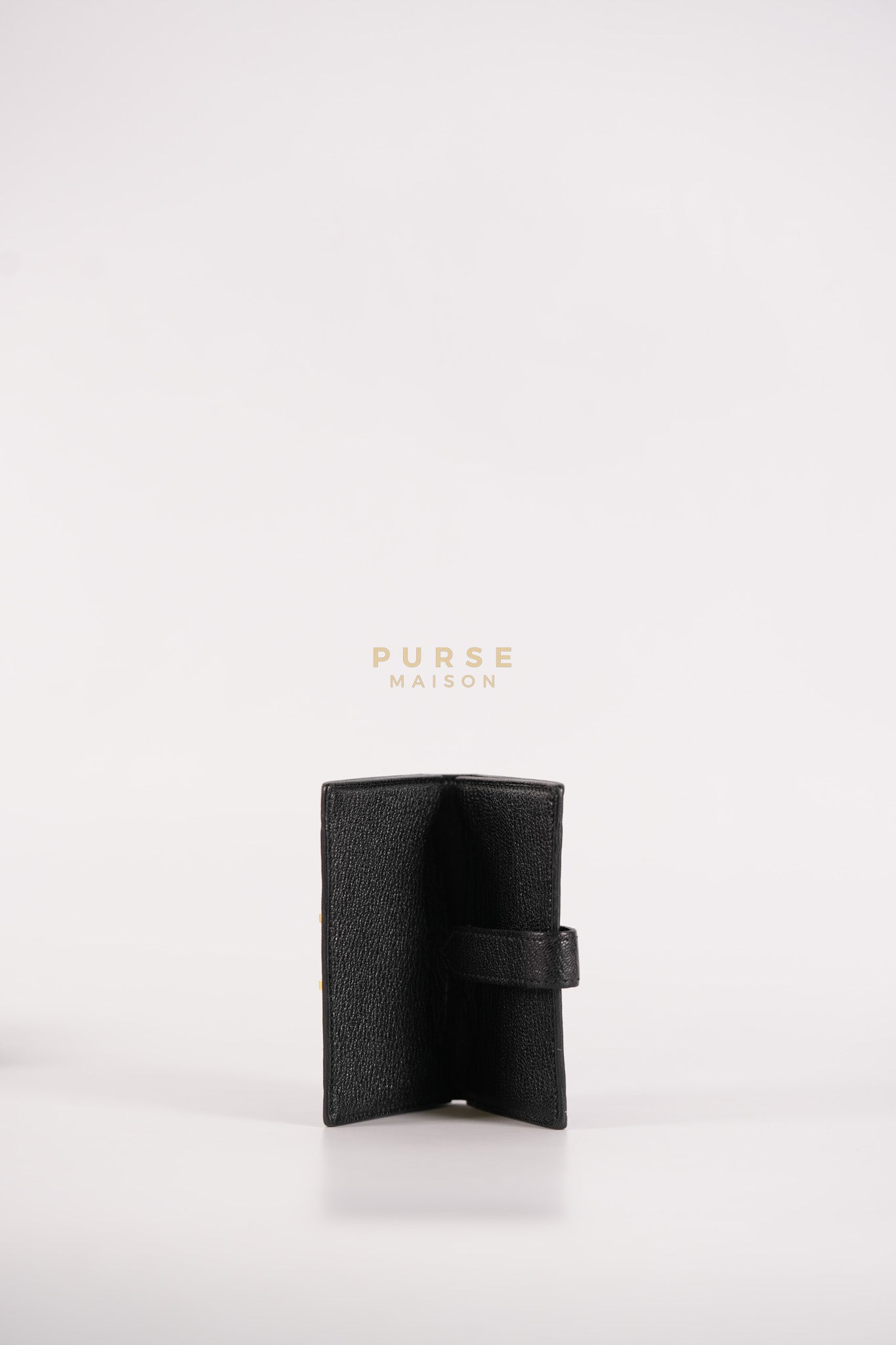 Bearn Bi-Fold Card Holder in Noir Chevre Mysore Leather & Gold Hardware Stamp D (2019) | Purse Maison Luxury Bags Shop