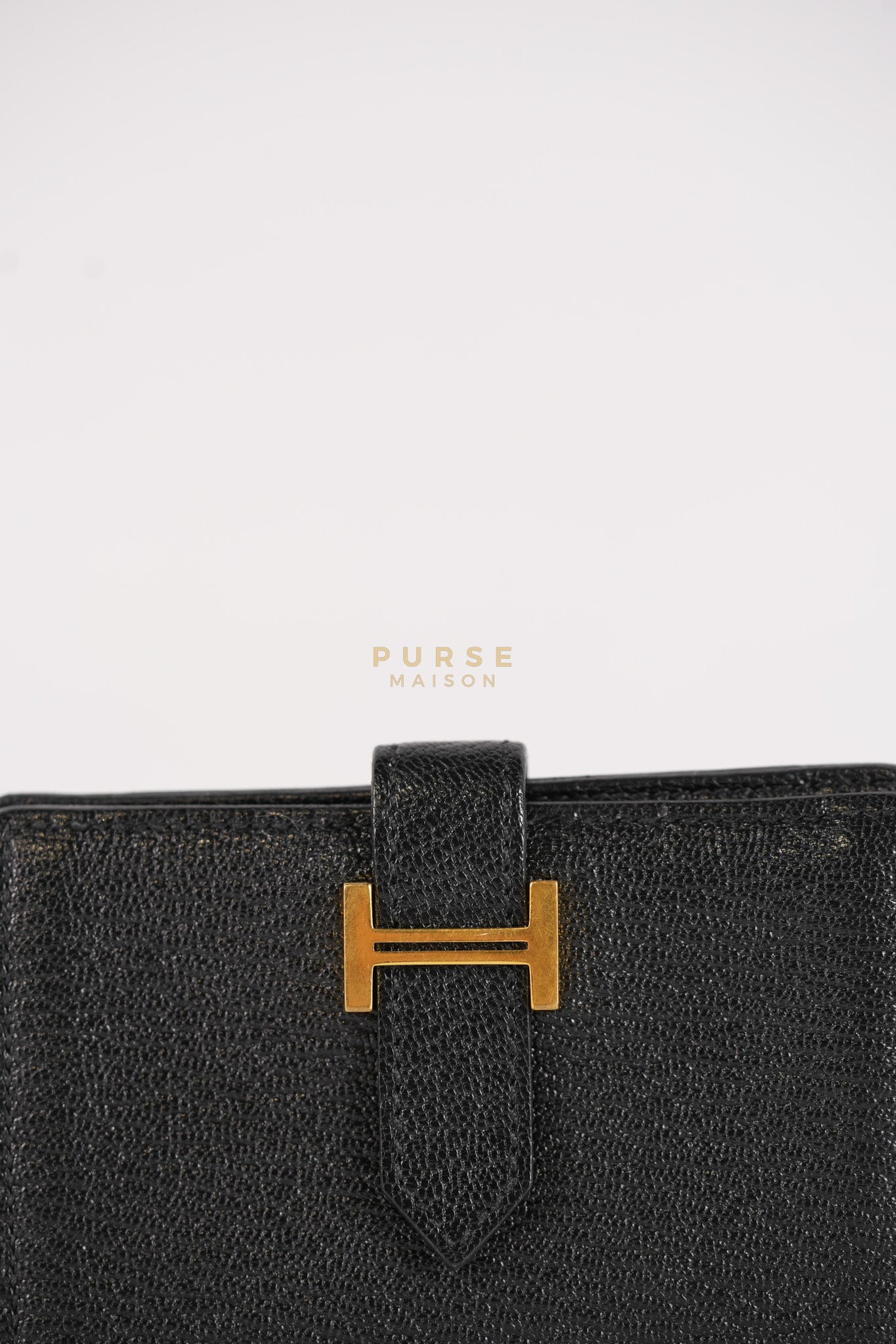 Bearn Bi-Fold Card Holder in Noir Chevre Mysore Leather & Gold Hardware Stamp D (2019) | Purse Maison Luxury Bags Shop