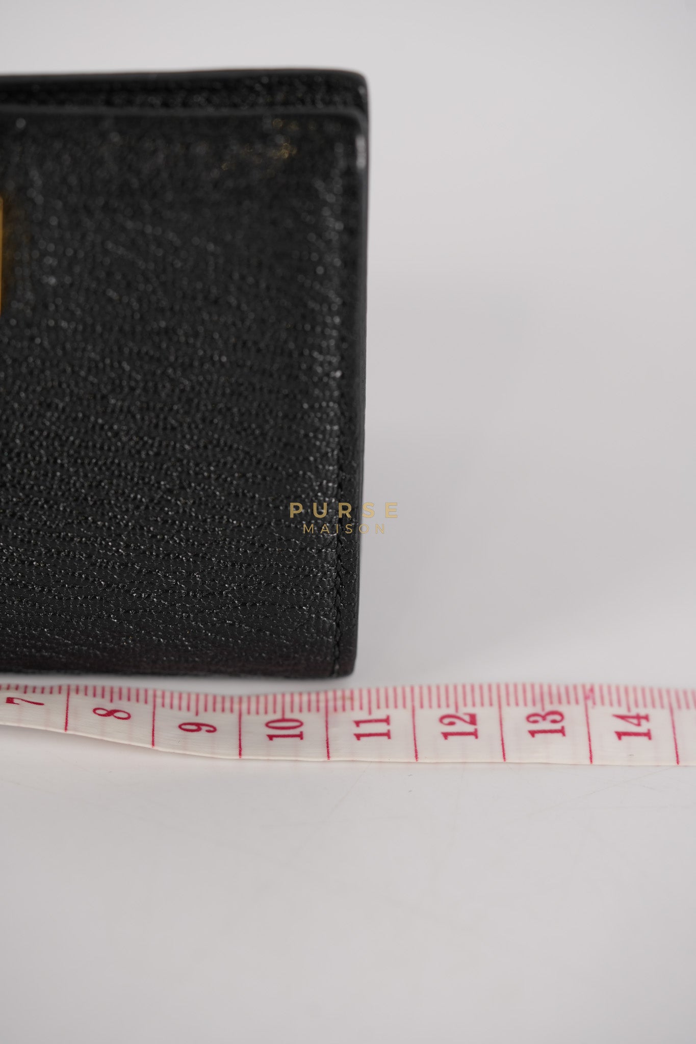 Bearn Bi-Fold Card Holder in Noir Chevre Mysore Leather & Gold Hardware Stamp D (2019) | Purse Maison Luxury Bags Shop