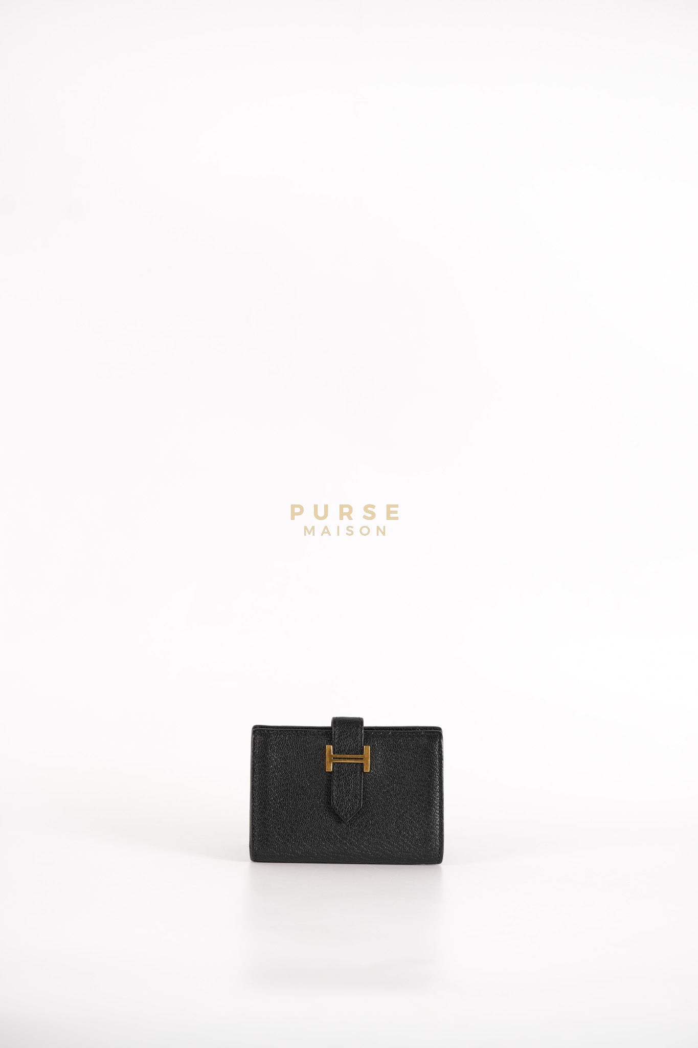 Bearn Bi-Fold Card Holder in Noir Chevre Mysore Leather & Gold Hardware Stamp D (2019) | Purse Maison Luxury Bags Shop