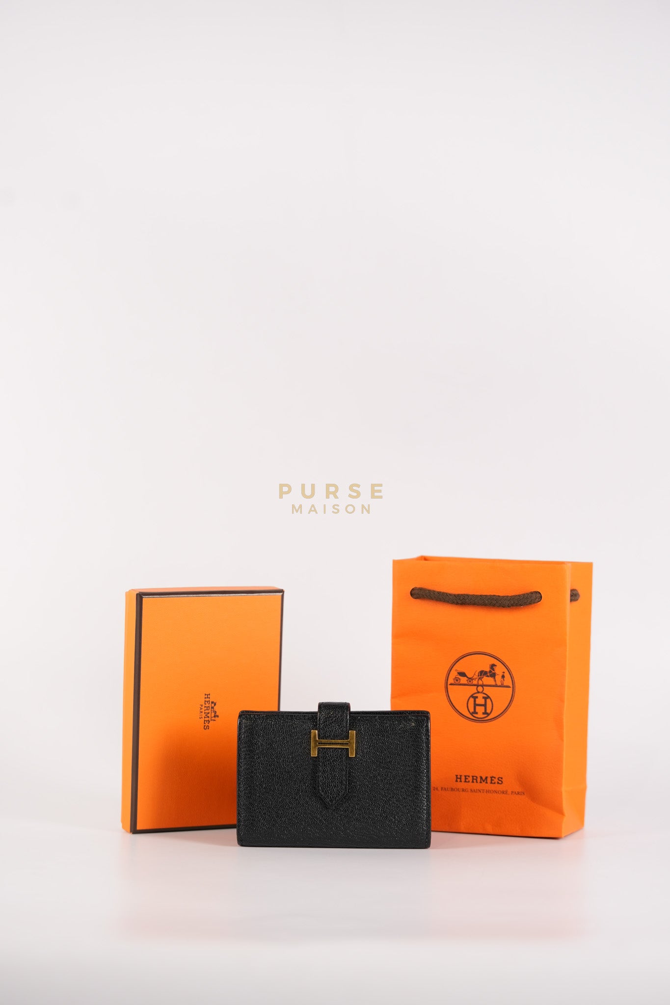 Bearn Bi-Fold Card Holder in Noir Chevre Mysore Leather & Gold Hardware Stamp D (2019) | Purse Maison Luxury Bags Shop