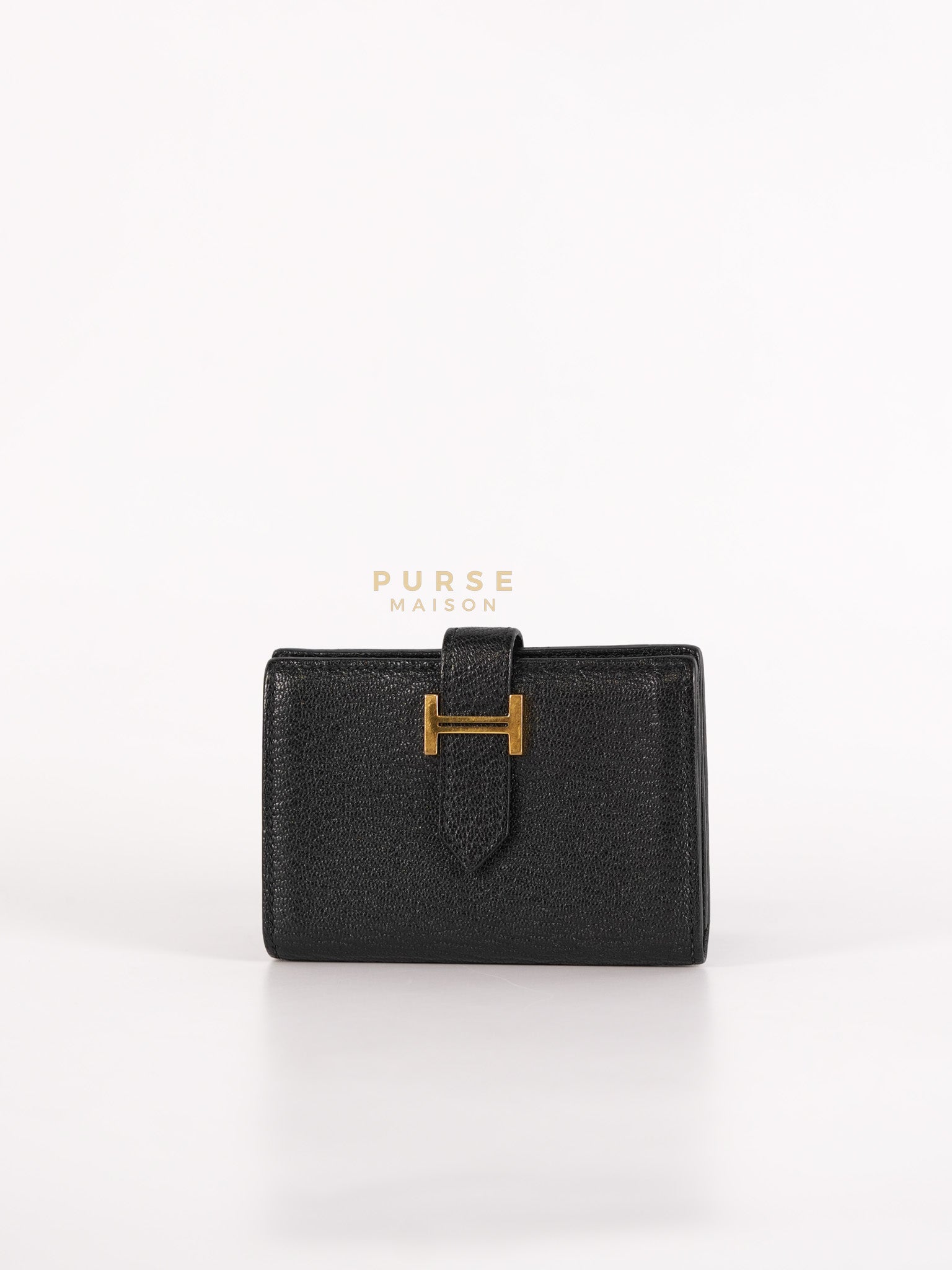 Bearn Bi-Fold Card Holder in Noir Chevre Mysore Leather & Gold Hardware Stamp D (2019) | Purse Maison Luxury Bags Shop