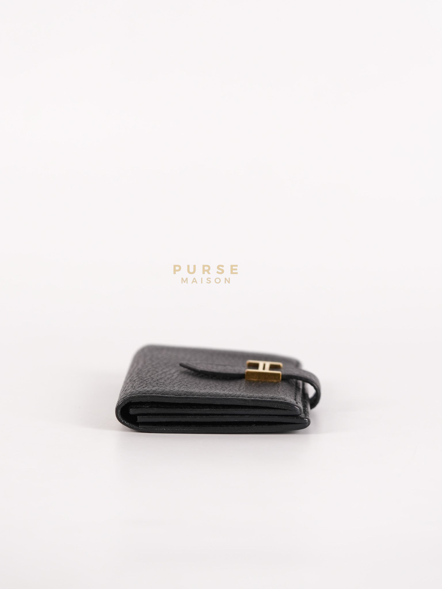 Bearn Bi-Fold Card Holder in Noir Chevre Mysore Leather & Gold Hardware Stamp D (2019) | Purse Maison Luxury Bags Shop