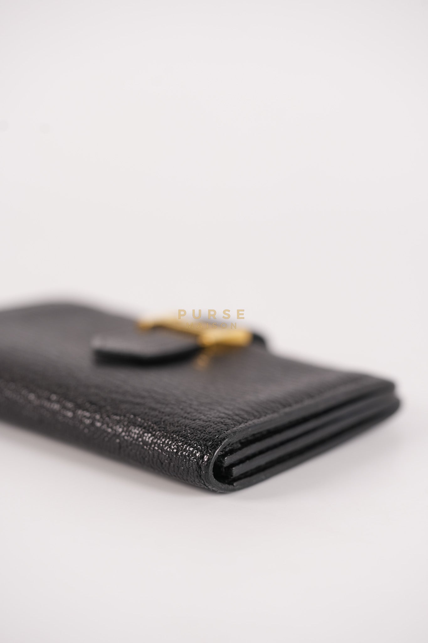 Bearn Bi-Fold Card Holder in Noir Chevre Mysore Leather & Gold Hardware Stamp D (2019) | Purse Maison Luxury Bags Shop