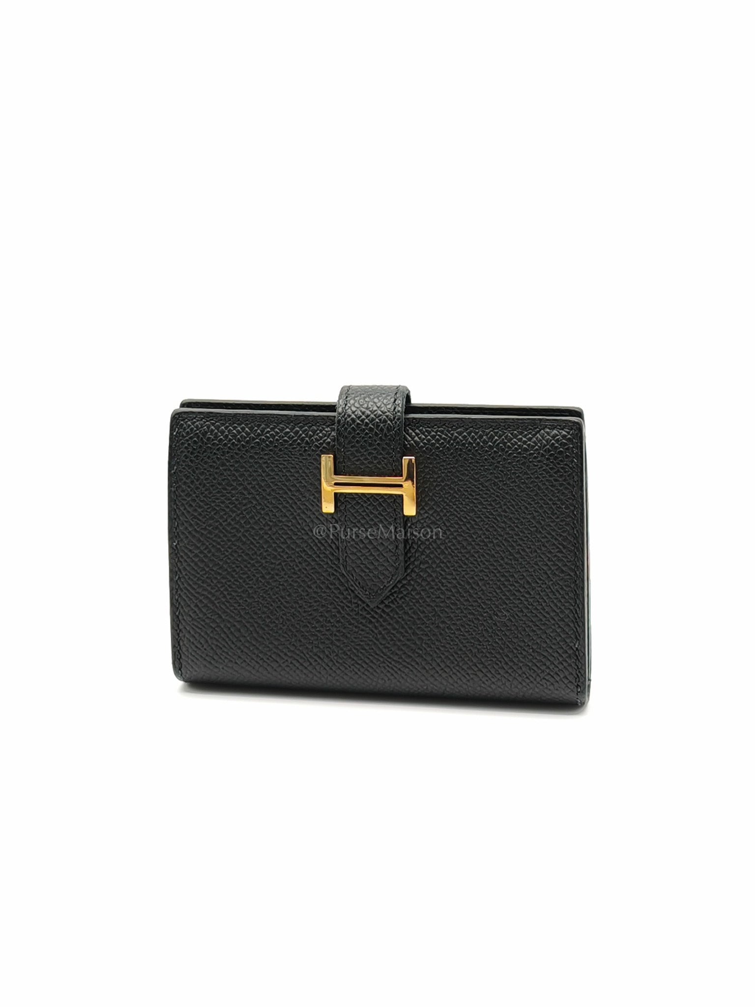 Bearn in Black Epsom Leather and Gold Hardware Card Holder Stamp B (2023) | Purse Maison Luxury Bags Shop